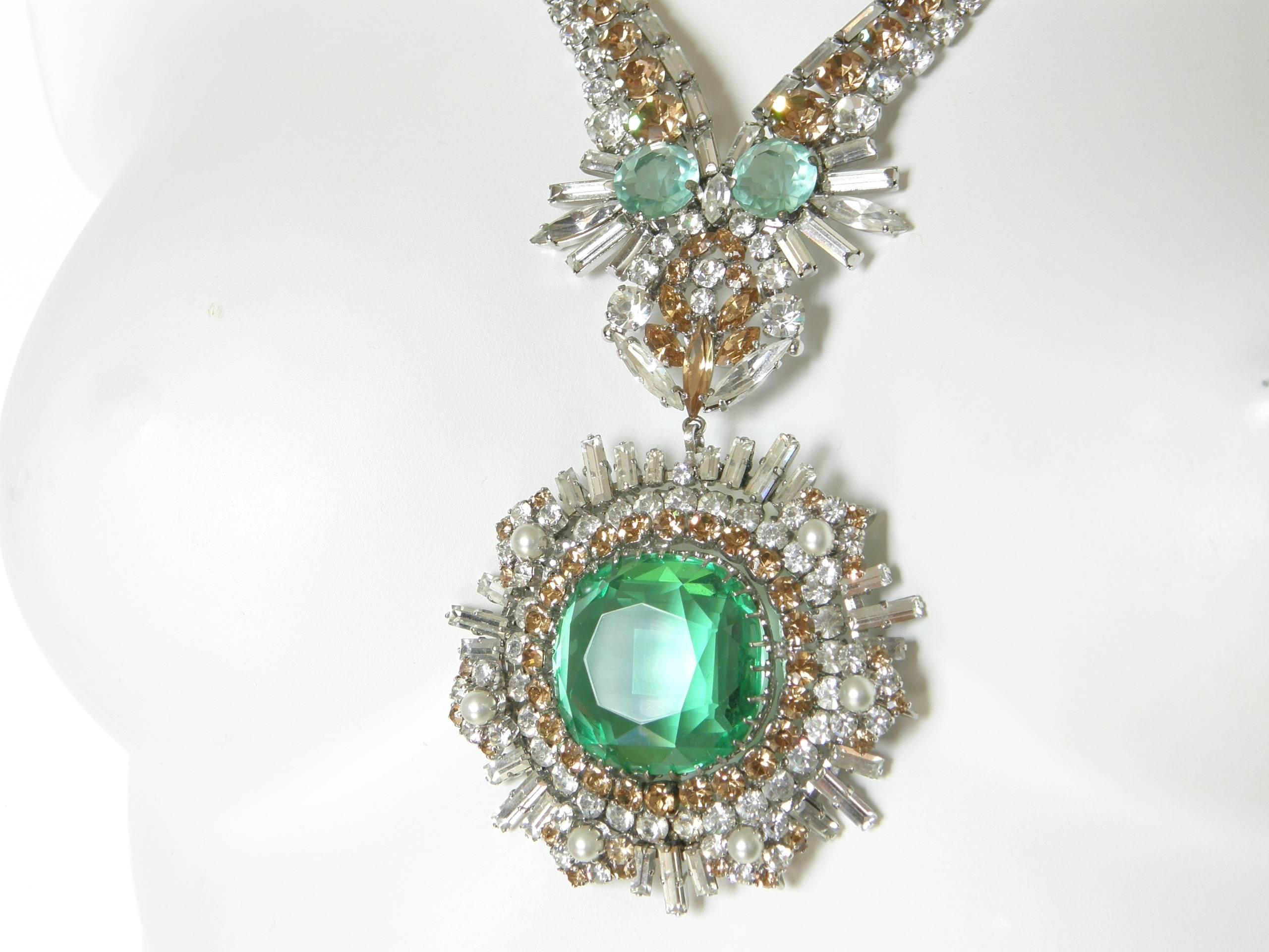 Women's West German Rhinestone Necklace with Faux Emeralds Diamonds and Citrines