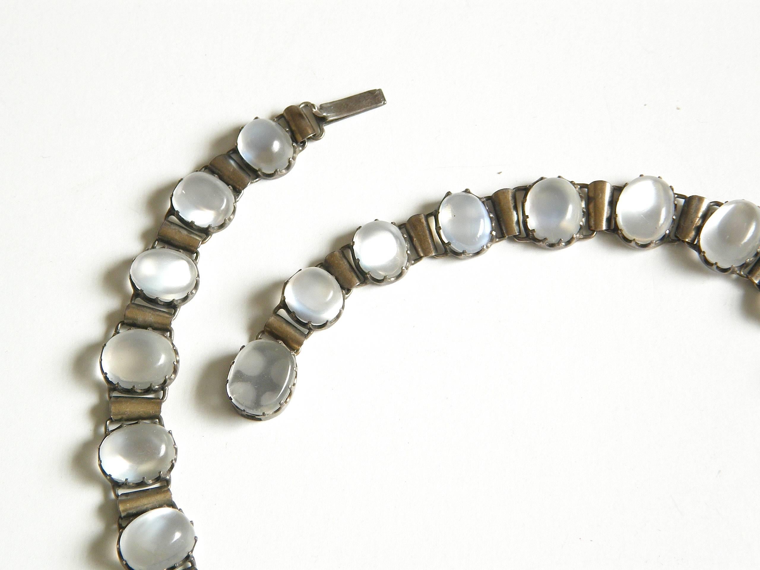 Women's Sterling Choker Necklace Links Set with Oval Cabochon Moonstones