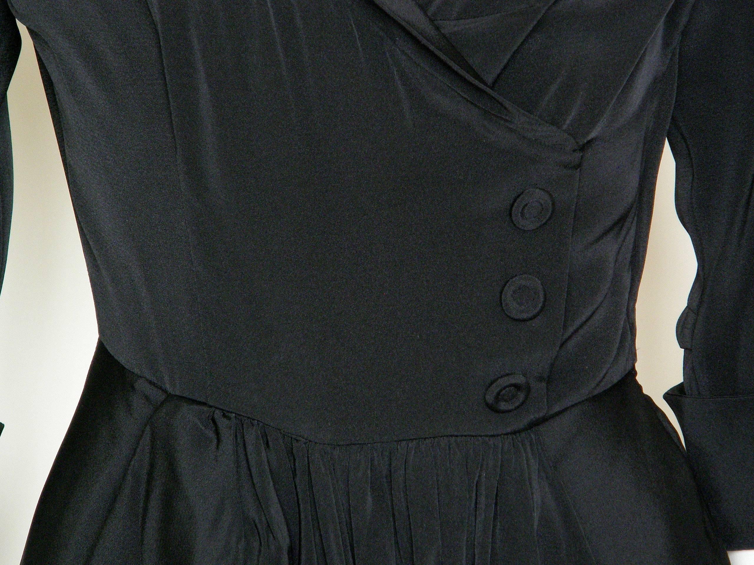 Ceil Chapman Little Black Cocktail Dress Fixed Wrap Bodice and Skirt Draping In Good Condition For Sale In Chicago, IL