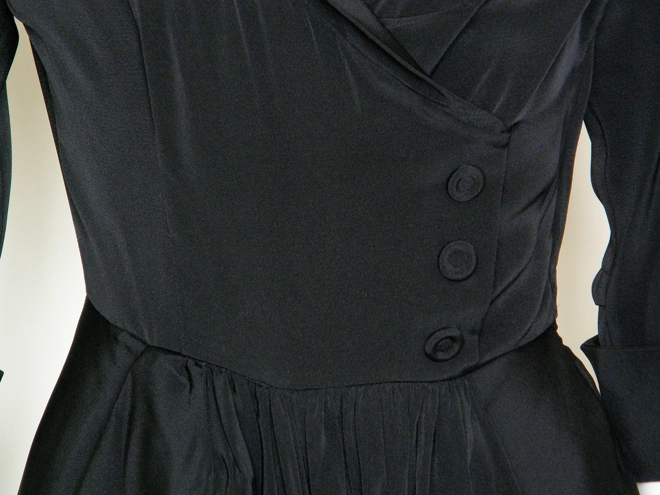 Ceil Chapman Little Black Cocktail Dress Fixed Wrap Bodice and Skirt Draping In Good Condition In Chicago, IL