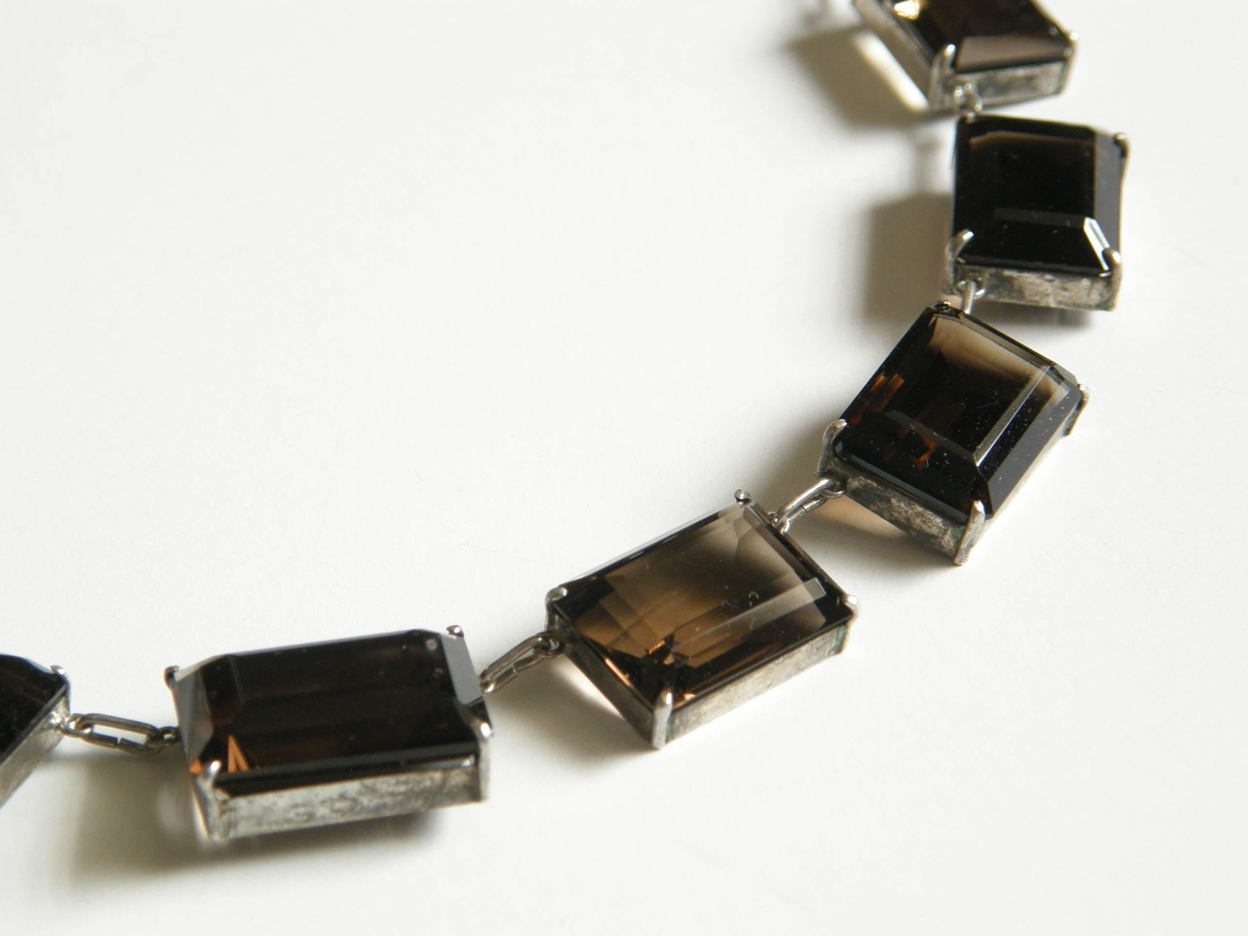 Art Deco Sterling Choker Necklace Set with Faceted Emerald Cut Smoky Quartz