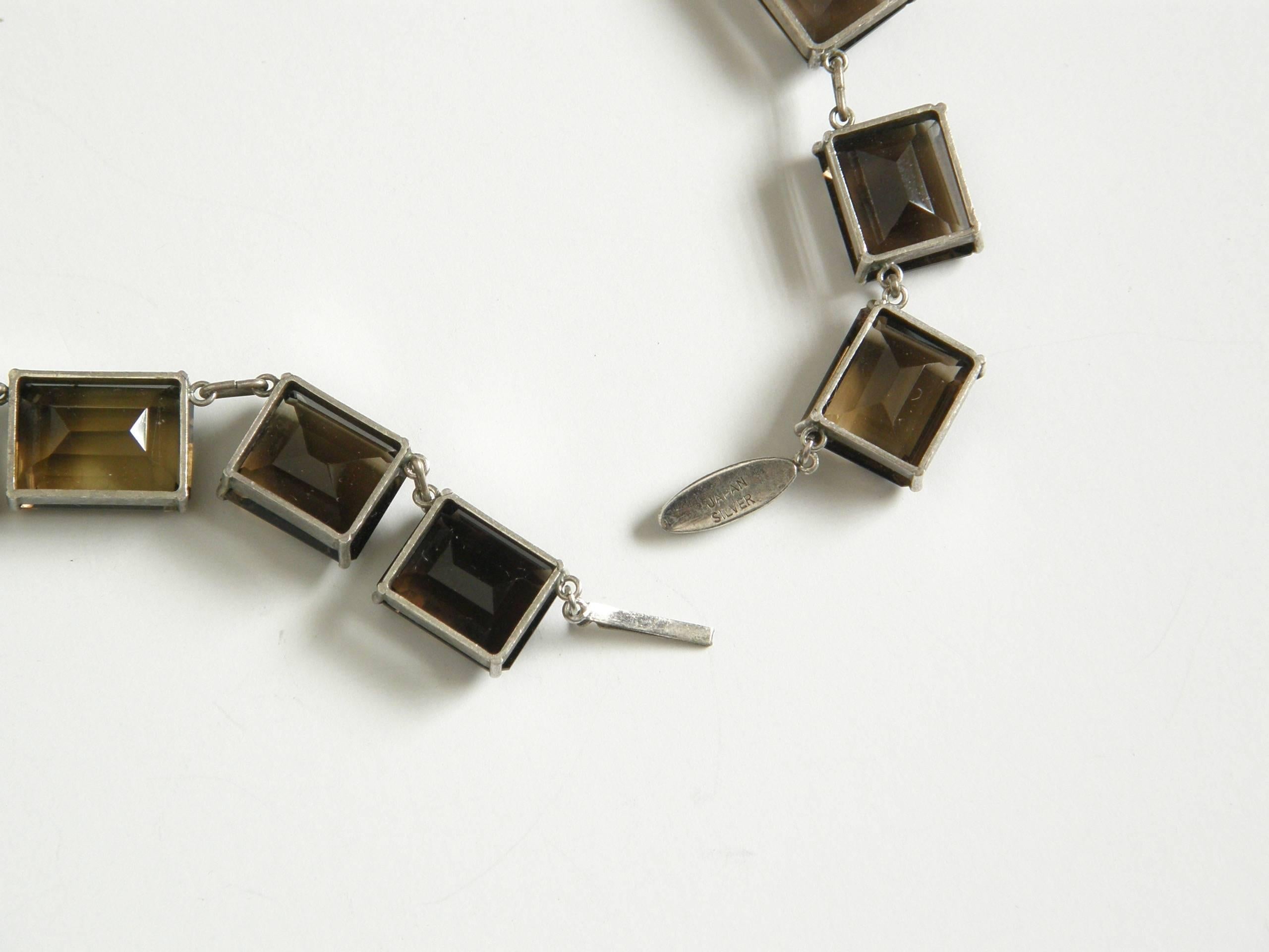 Women's Sterling Choker Necklace Set with Faceted Emerald Cut Smoky Quartz