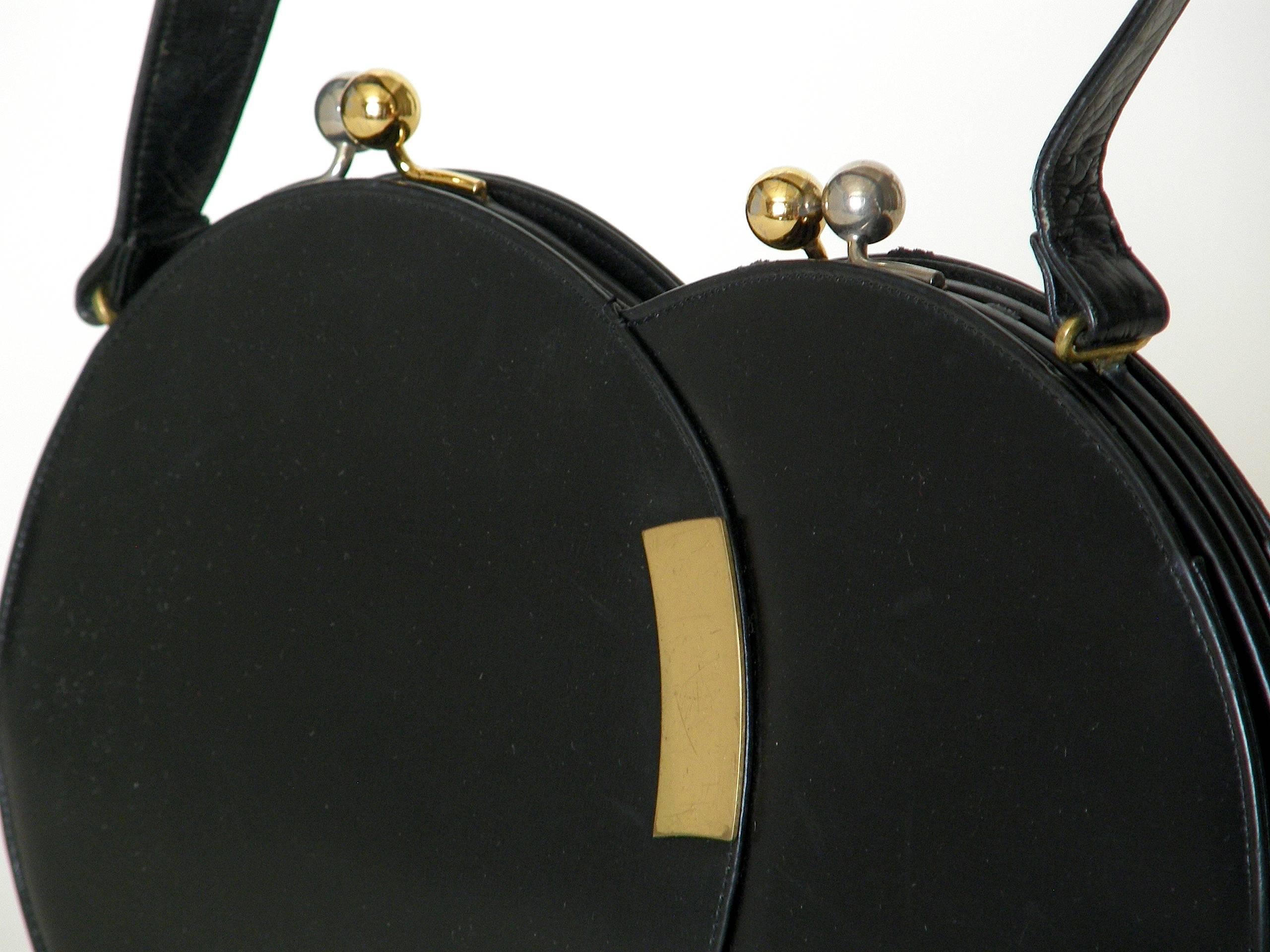 Women's Koret Black Leather Handbag with Double Bubbles Shape and Kiss Lock Clasps