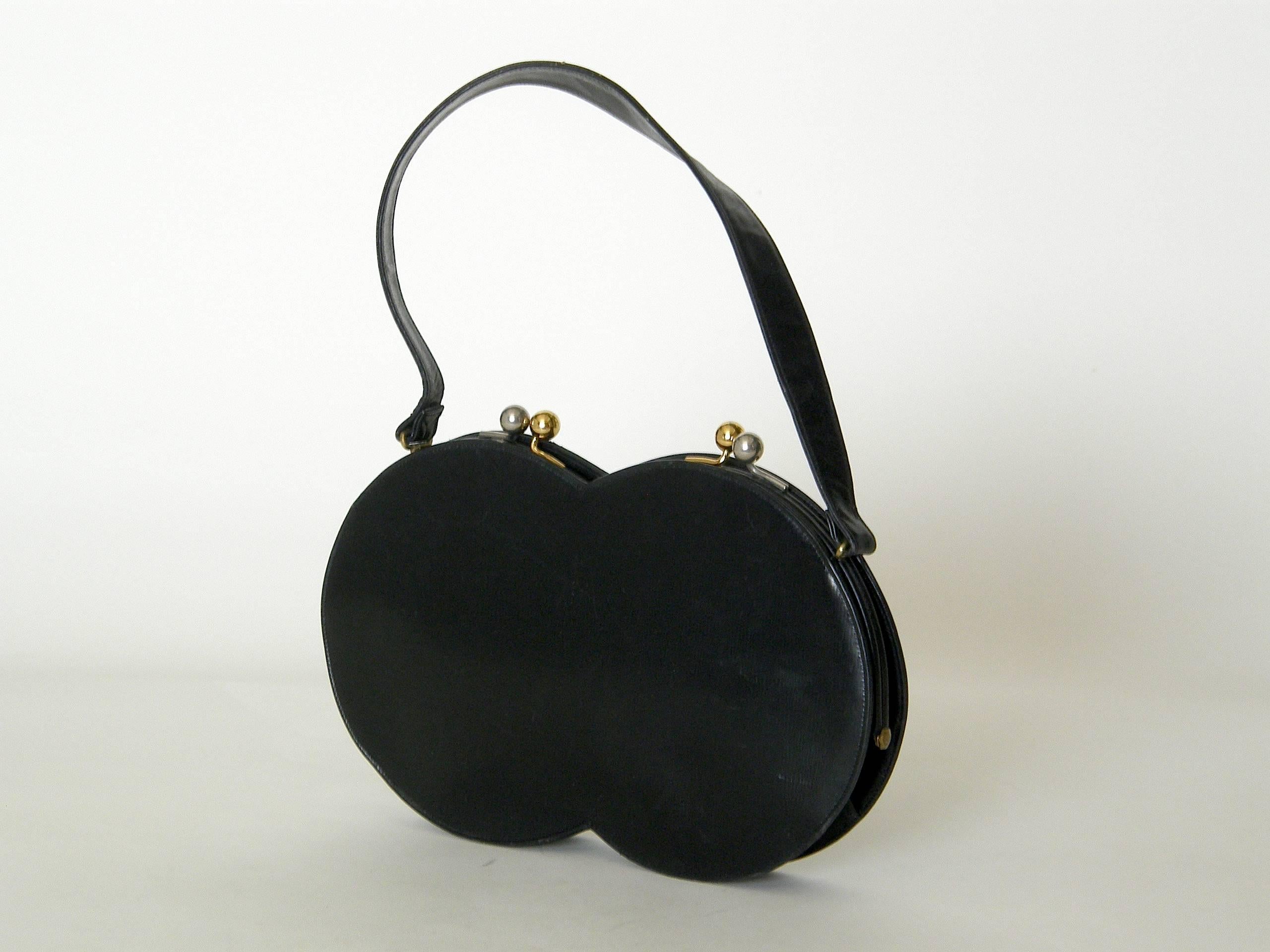 Koret Black Leather Handbag with Double Bubbles Shape and Kiss Lock Clasps In Good Condition In Chicago, IL