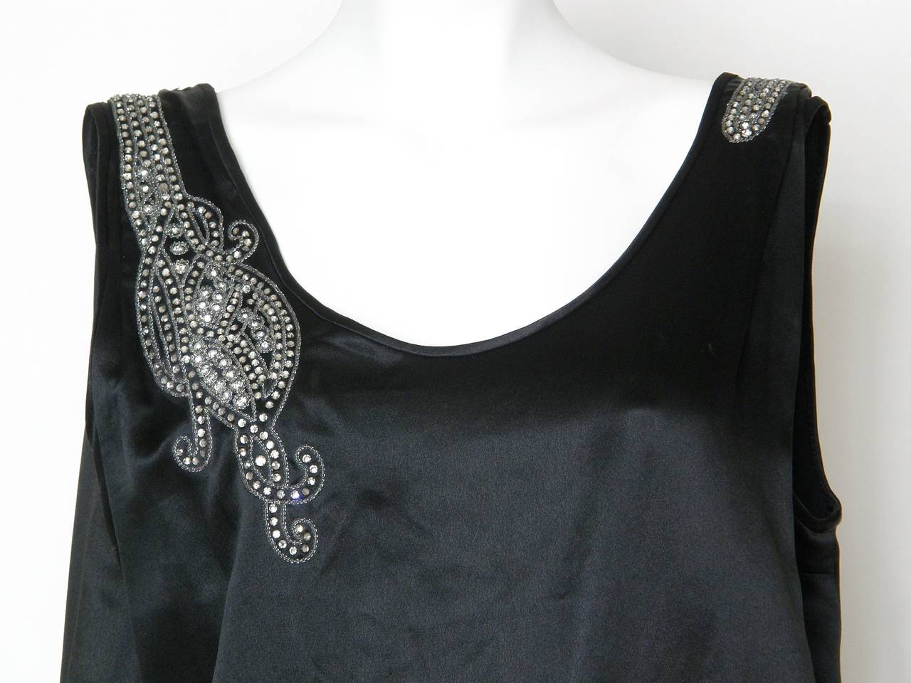 Black Satin Art Deco Style Evening Blouse with Rhinestones and Beading In Good Condition For Sale In Chicago, IL