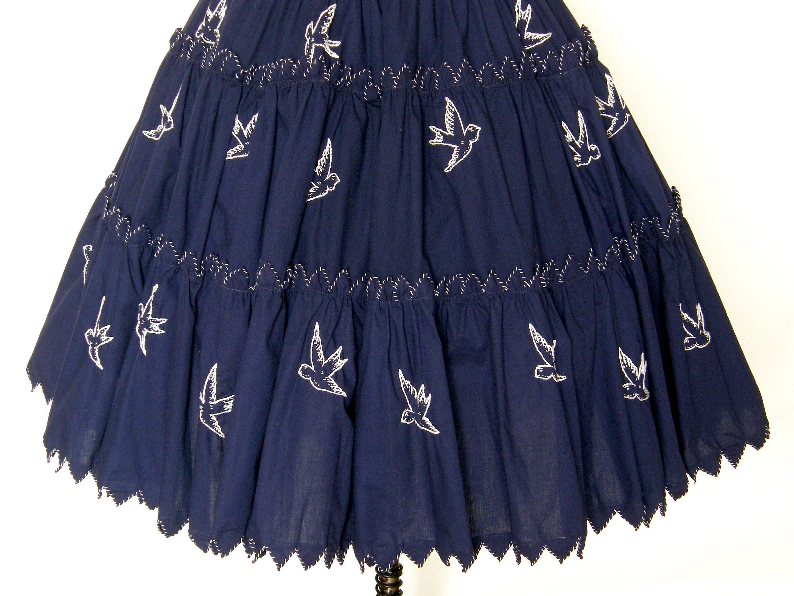 Tachi Castillo Navy Blue Cotton Dress with Embroidered Birds 1