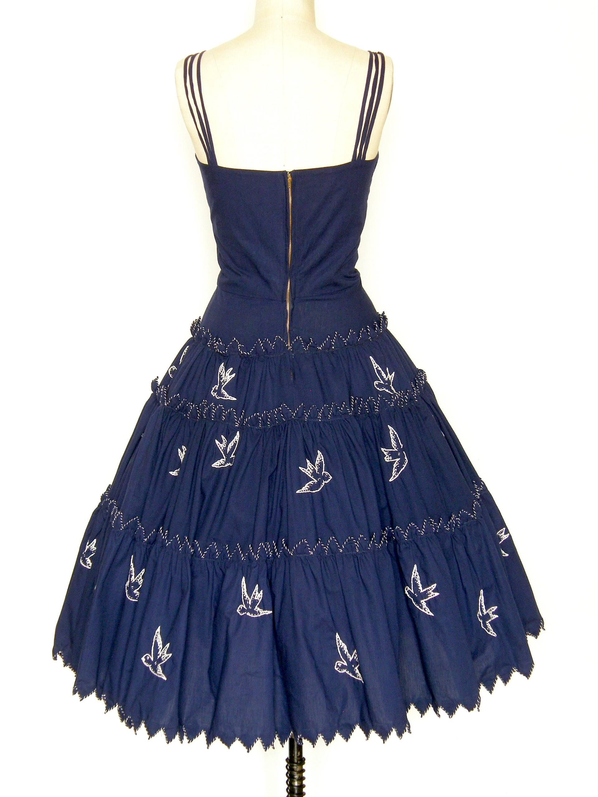 Tachi Castillo Navy Blue Cotton Dress with Embroidered Birds 3