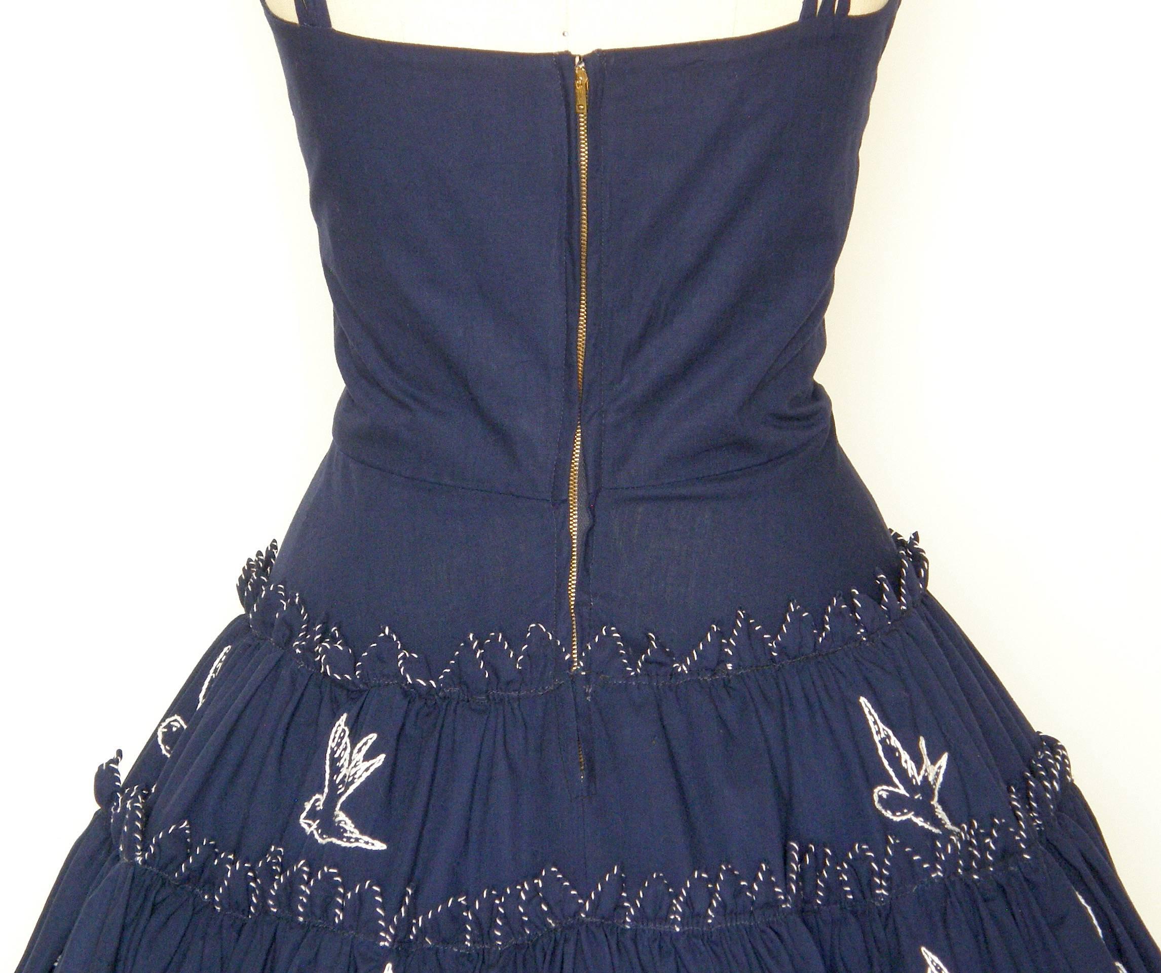 Tachi Castillo Navy Blue Cotton Dress with Embroidered Birds 4