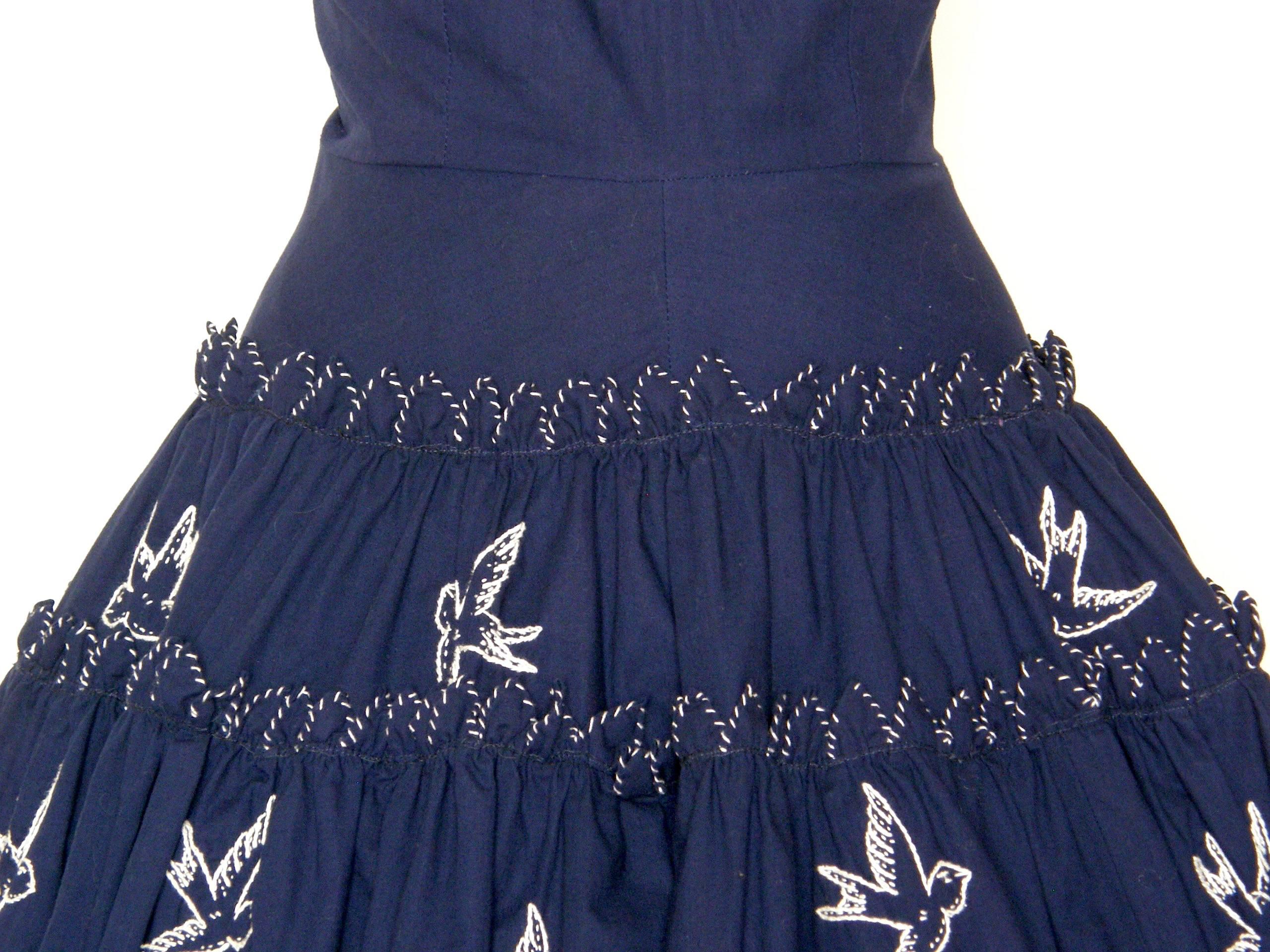 Women's Tachi Castillo Navy Blue Cotton Dress with Embroidered Birds