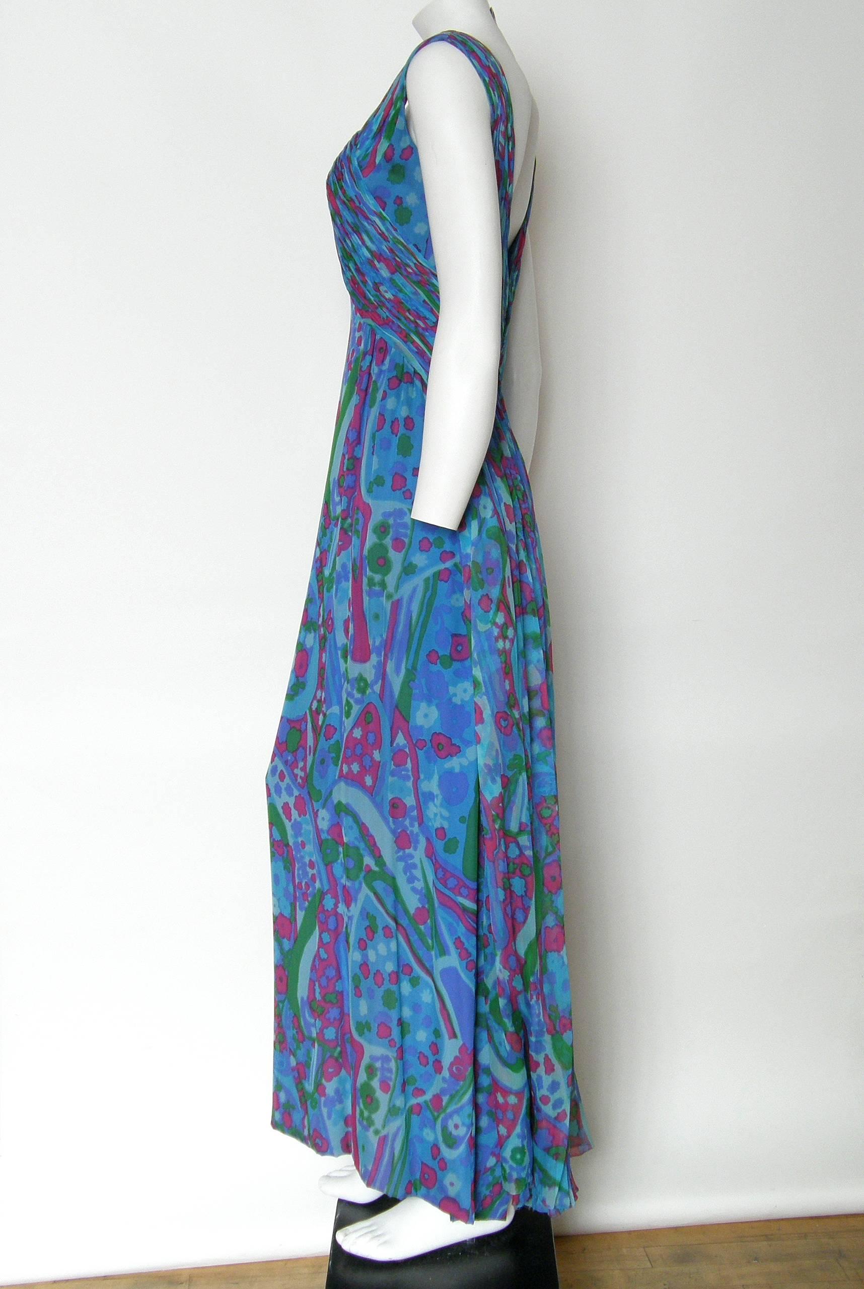 1960s Sleeveless Evening Dress by Gothé in Colorful Floral Silk Chiffon ...