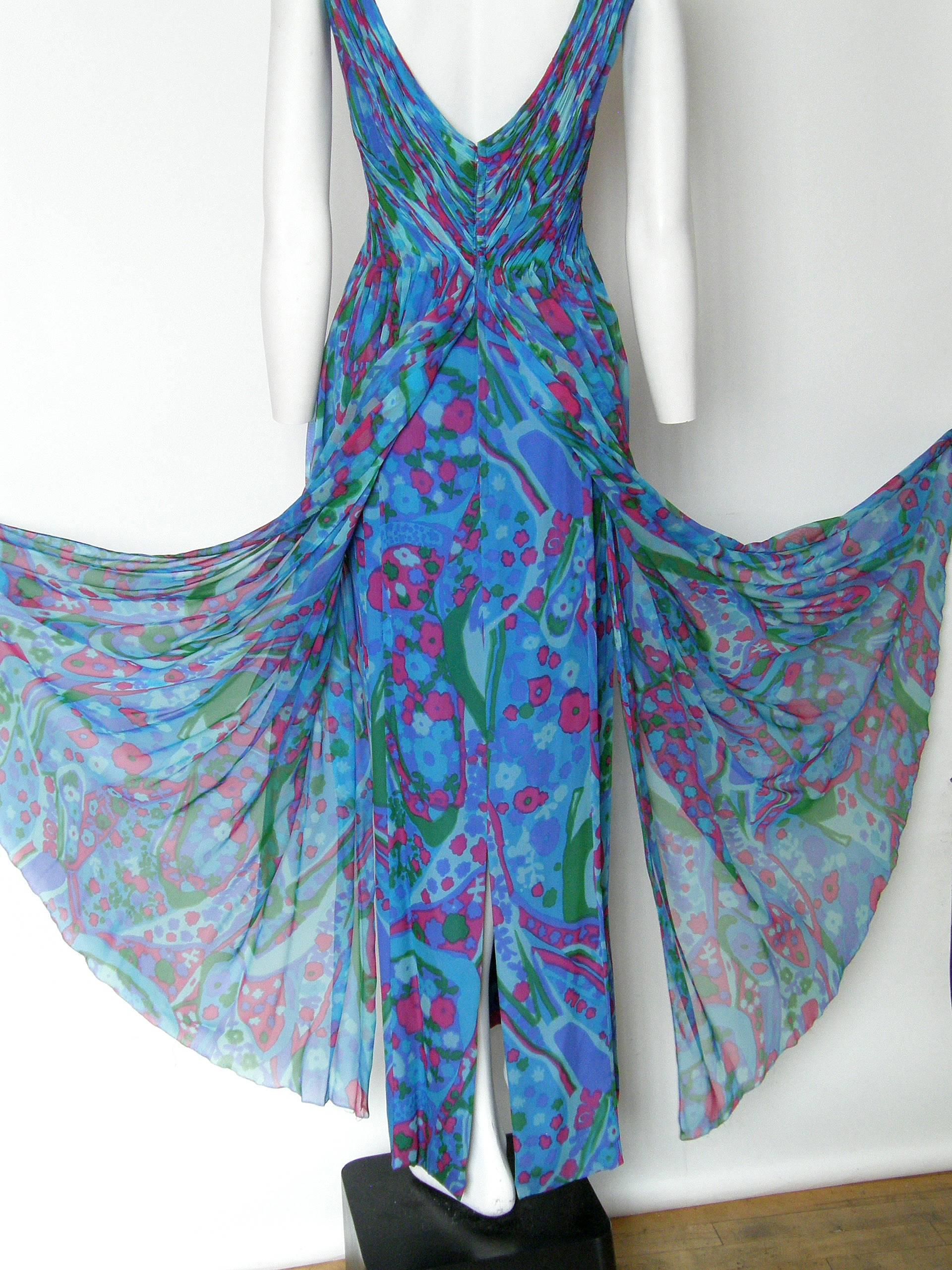 1960s Sleeveless Evening Dress by Gothé in Colorful Floral Silk Chiffon  In Good Condition In Chicago, IL