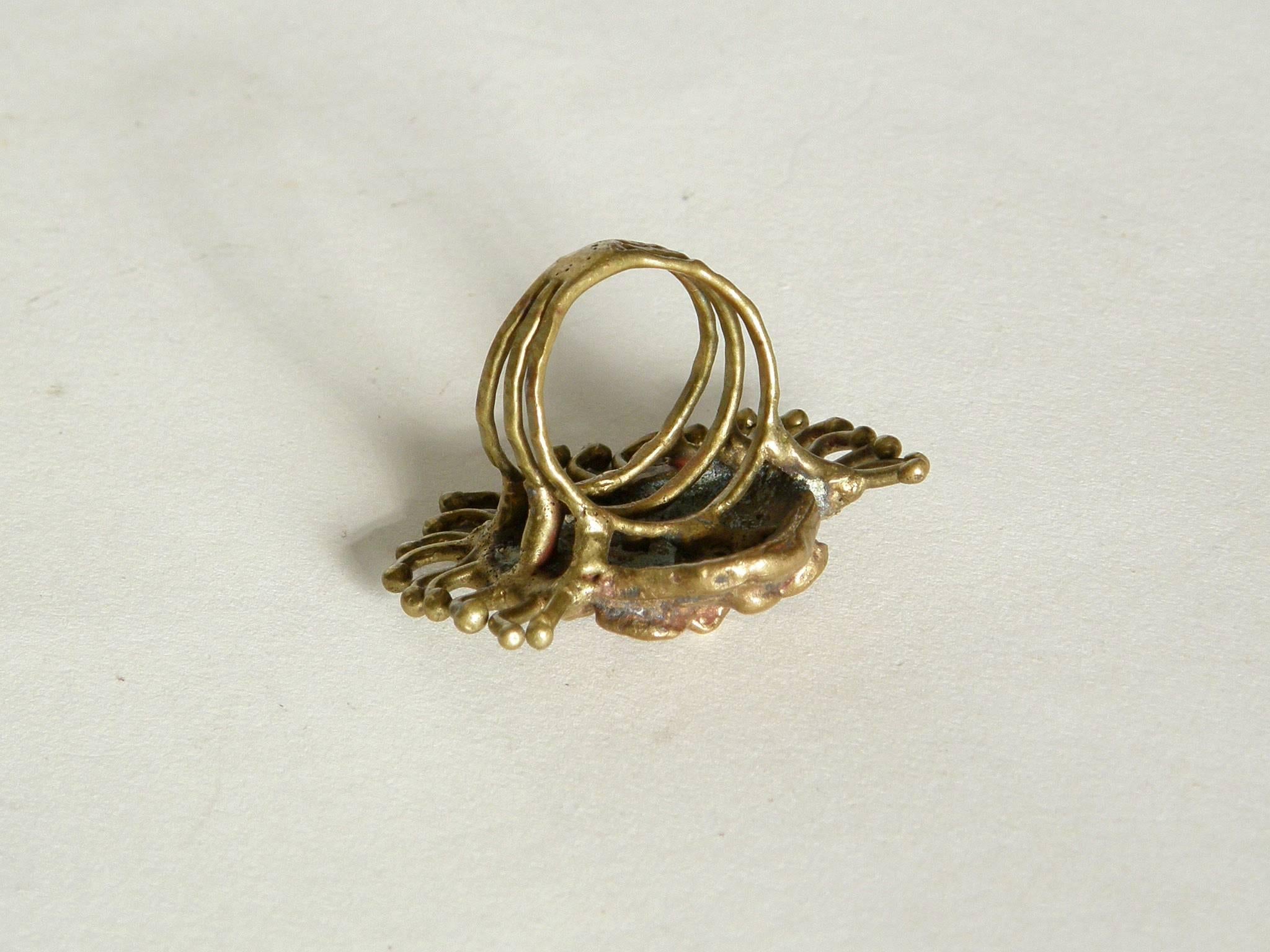 Brutalist Hand Wrought Brass Face Ring 2