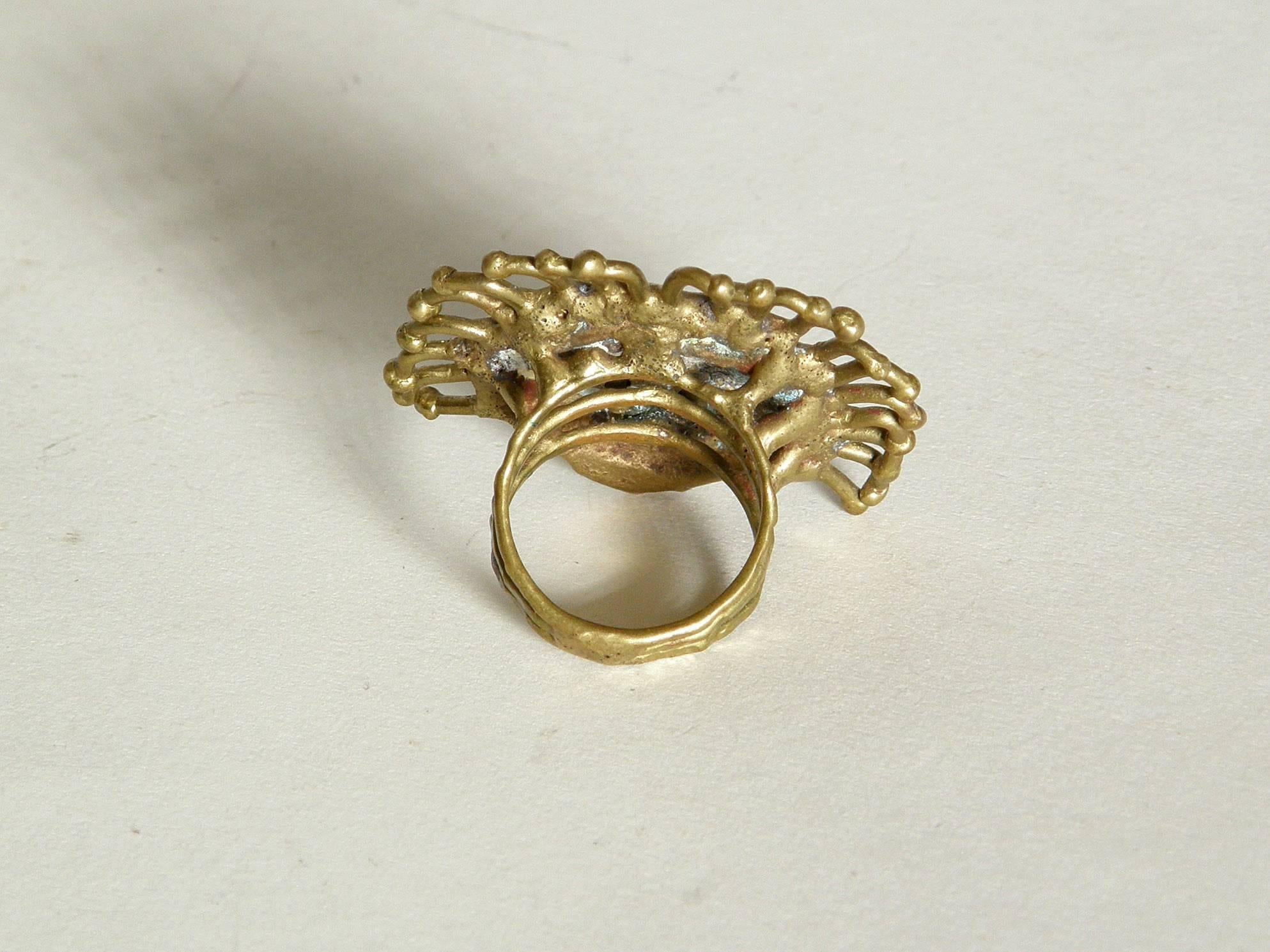 Women's or Men's Brutalist Hand Wrought Brass Face Ring