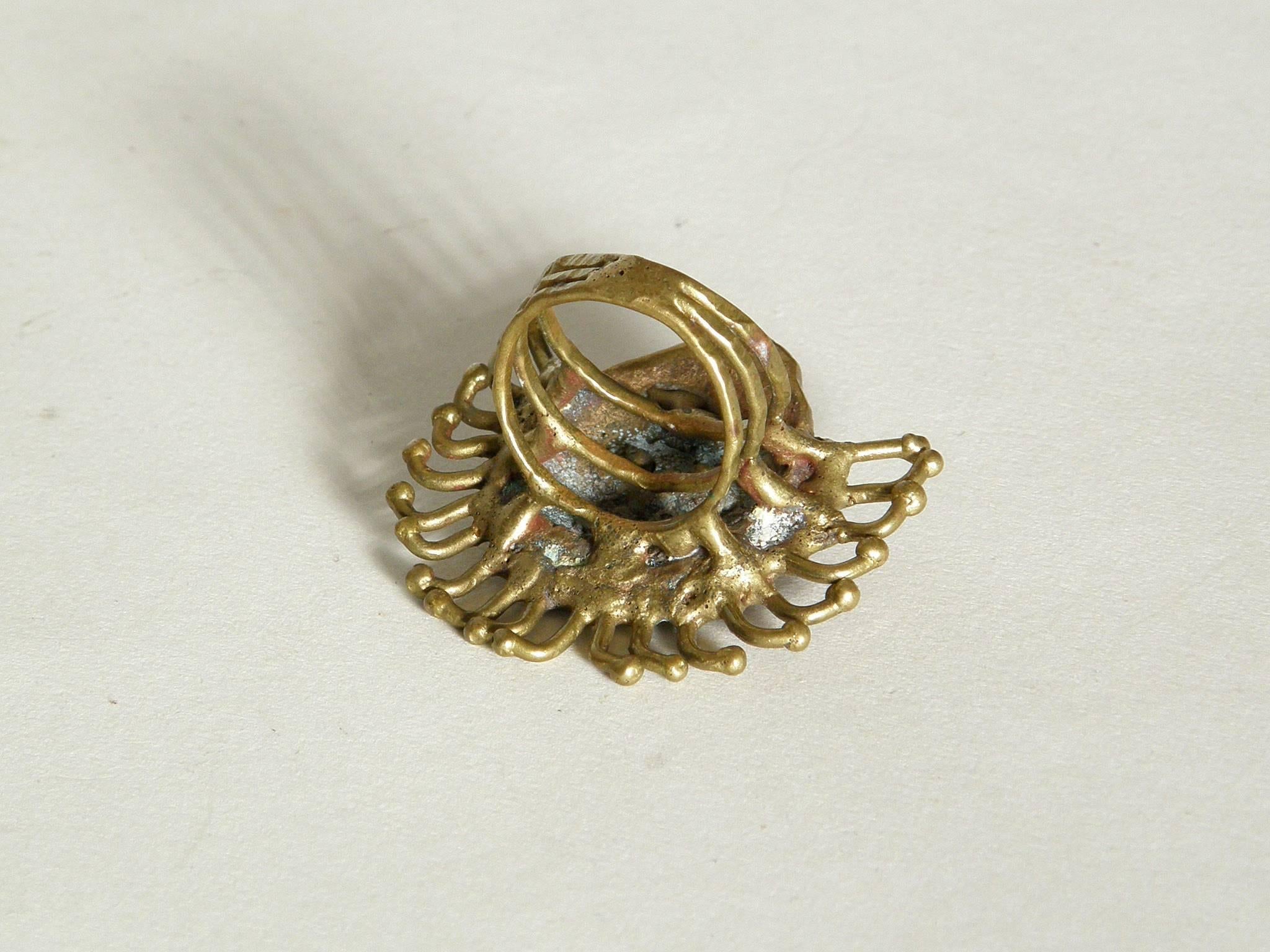Brutalist Hand Wrought Brass Face Ring 1