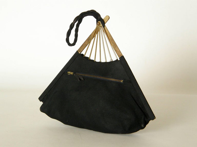 Anne-Marie Black Suede Handbag Shaped Like a Folding Fan In Good Condition For Sale In Chicago, IL