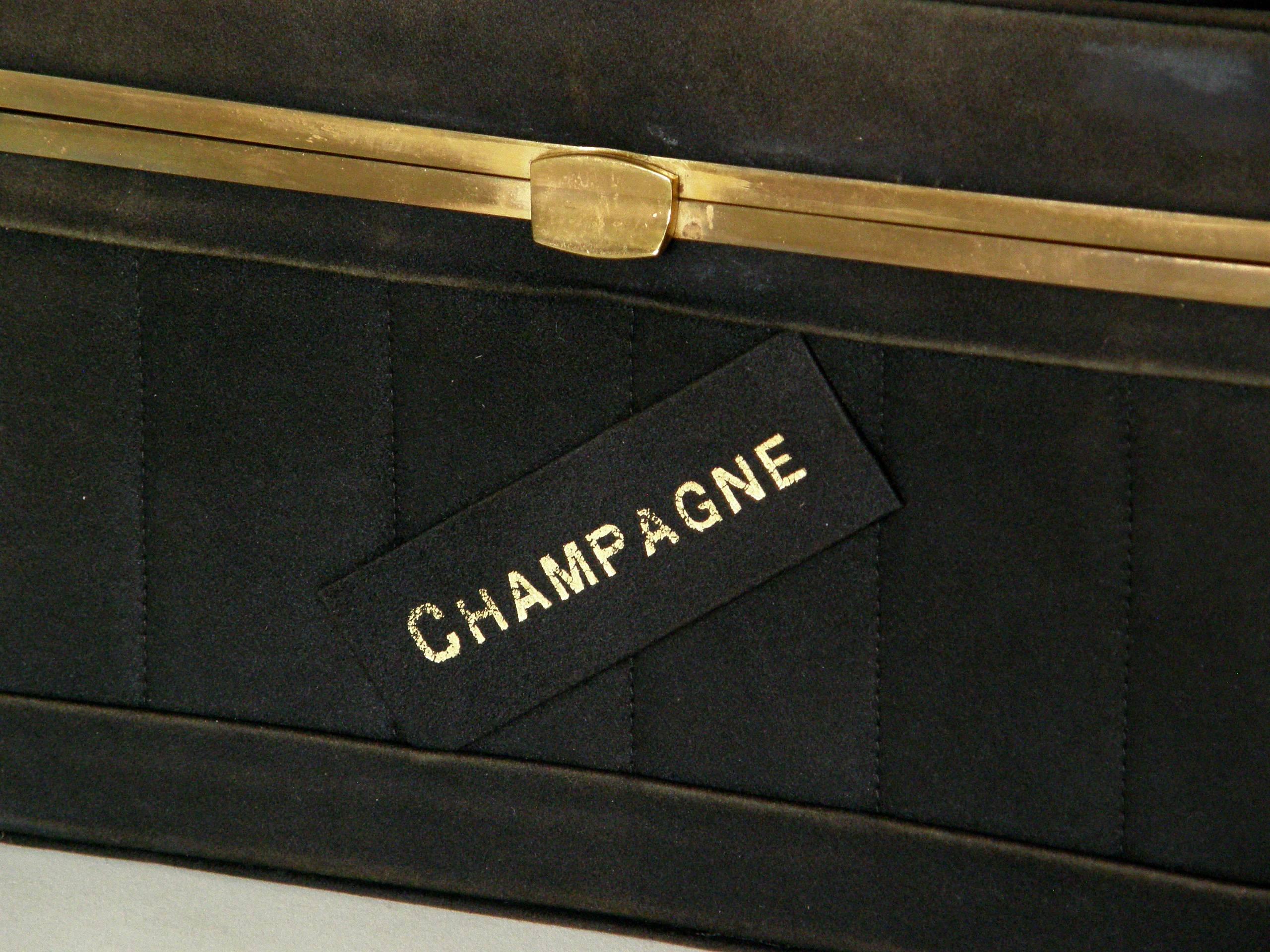 Black Suede Handbag Shaped Like a Crate of Champagne Bottles In Fair Condition In Chicago, IL