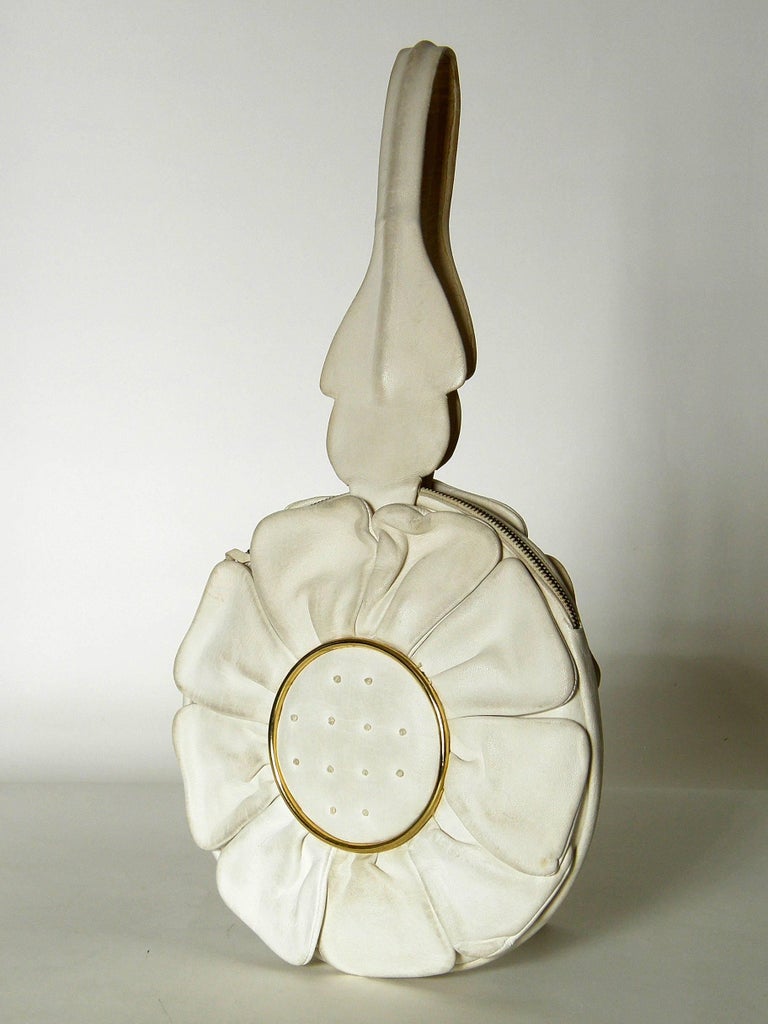Flower Shaped Handbag in Cream Leather with Gilt Metal Accents For Sale