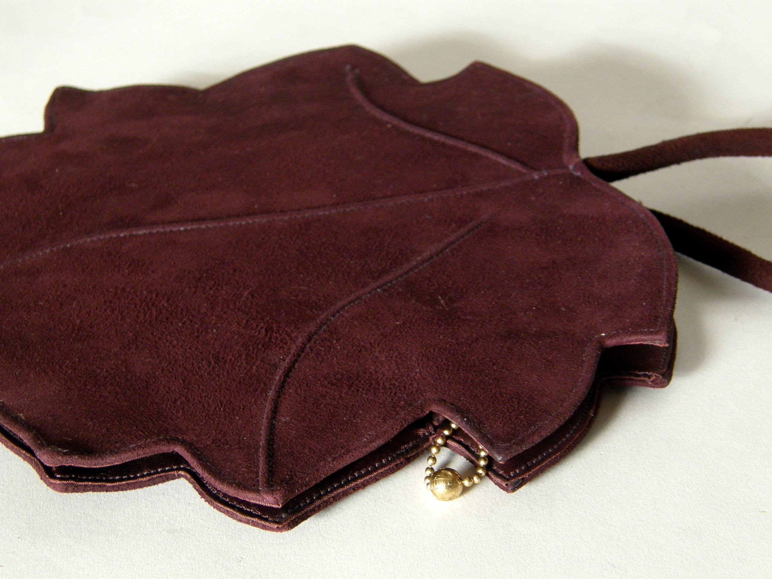 Black Curvaceous Falling Leaf Shaped Handbag in Aubergine Colored Suede