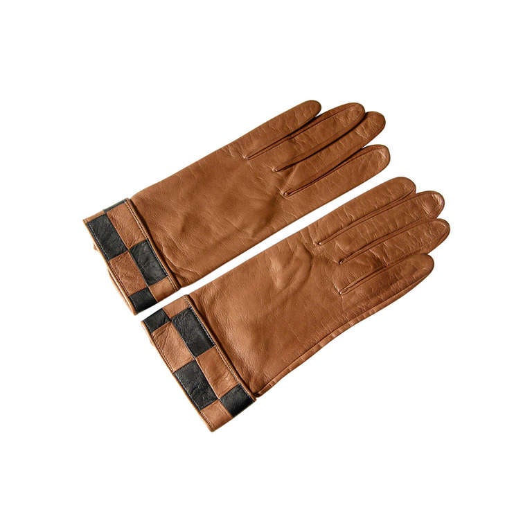 Pierre Cardin Brown Leather Gloves with Checkerboard Cuffs
