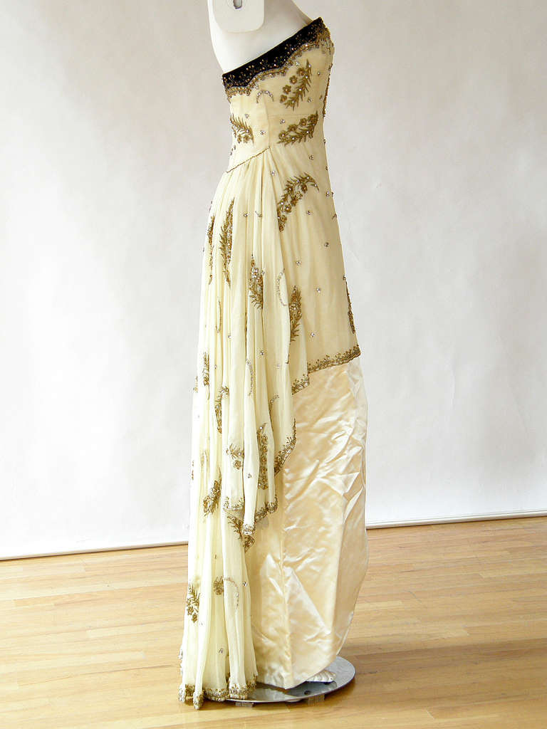 Cecil Beaton Strapless Evening Gown Silk Satin & Beaded Chiffon with Rhinestones In Good Condition For Sale In Chicago, IL