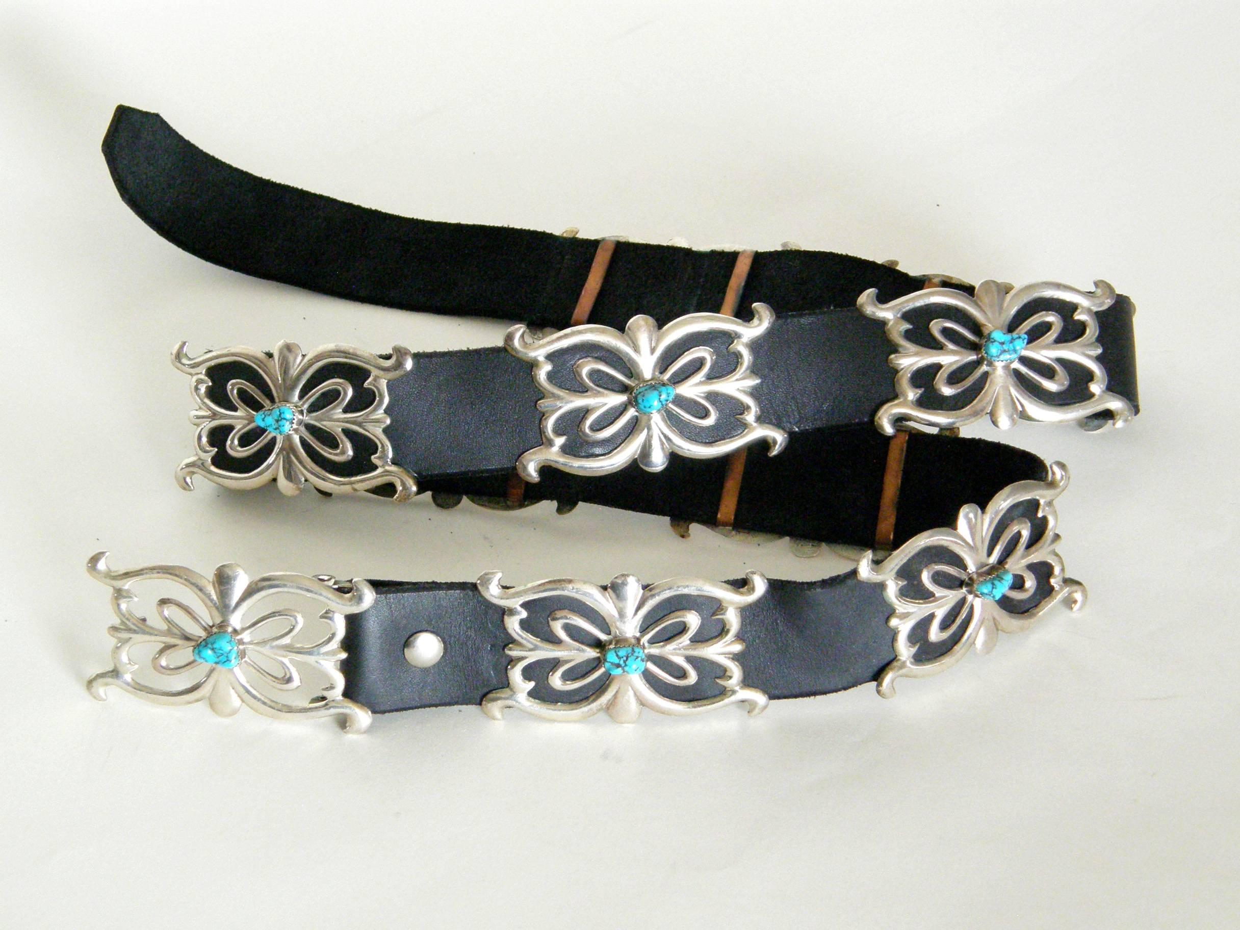 Native American Sterling and Turquoise Concho Belt on Black Leather In Good Condition In Chicago, IL