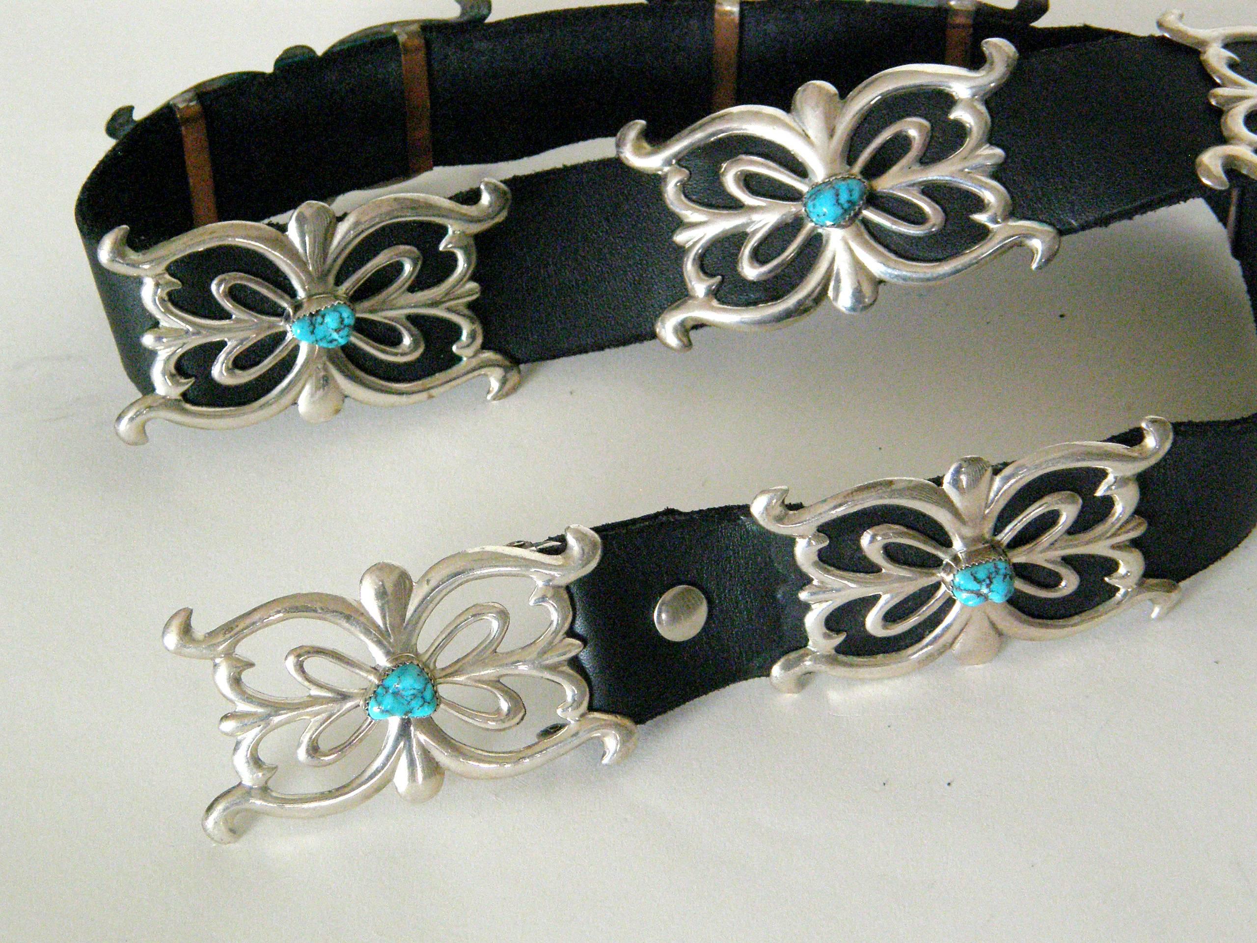 Women's or Men's Native American Sterling and Turquoise Concho Belt on Black Leather