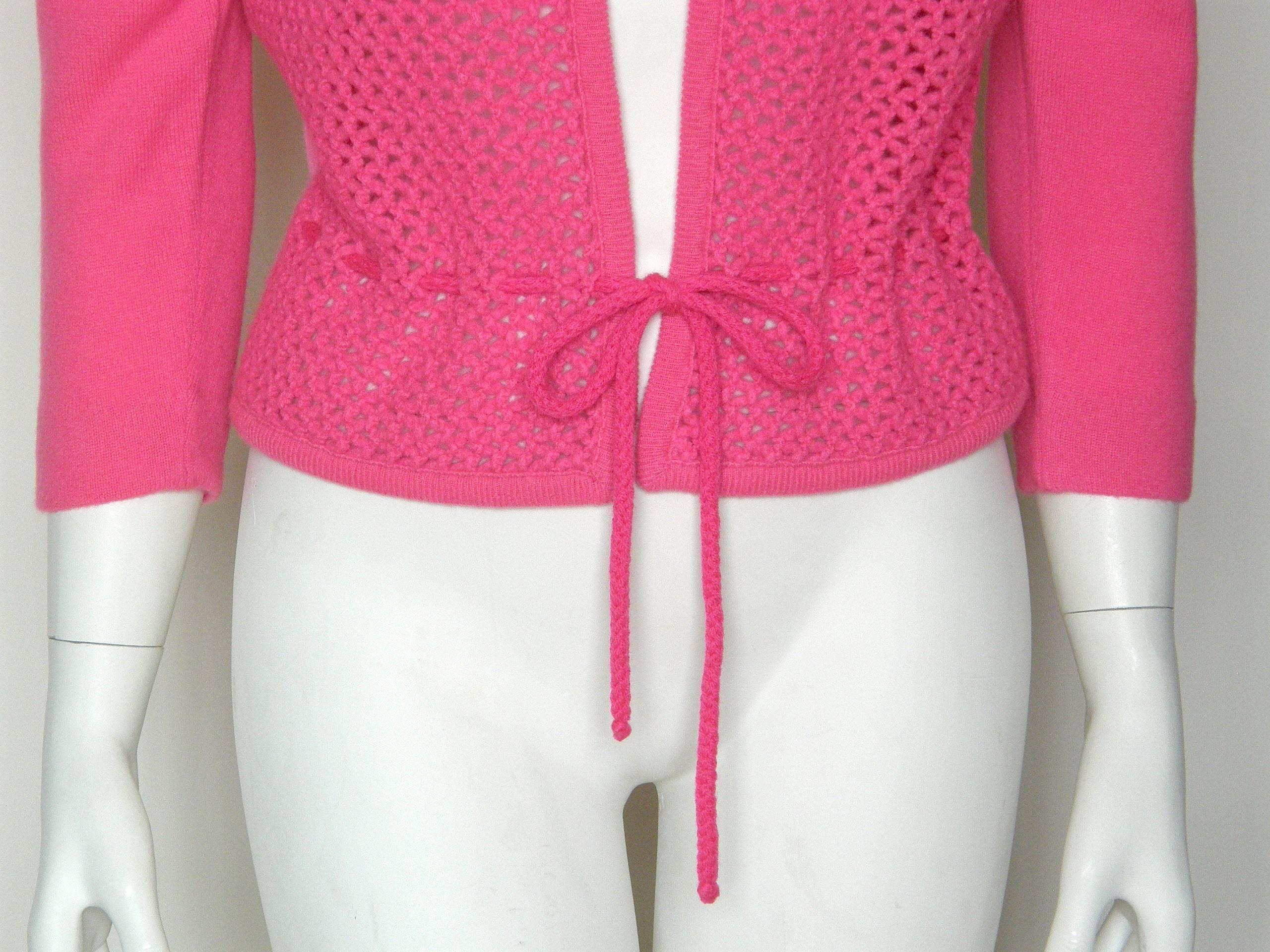 Dalton Shocking Pink Cashmere Cardigan Fishnet Sweater with Waist Tie In Good Condition For Sale In Chicago, IL