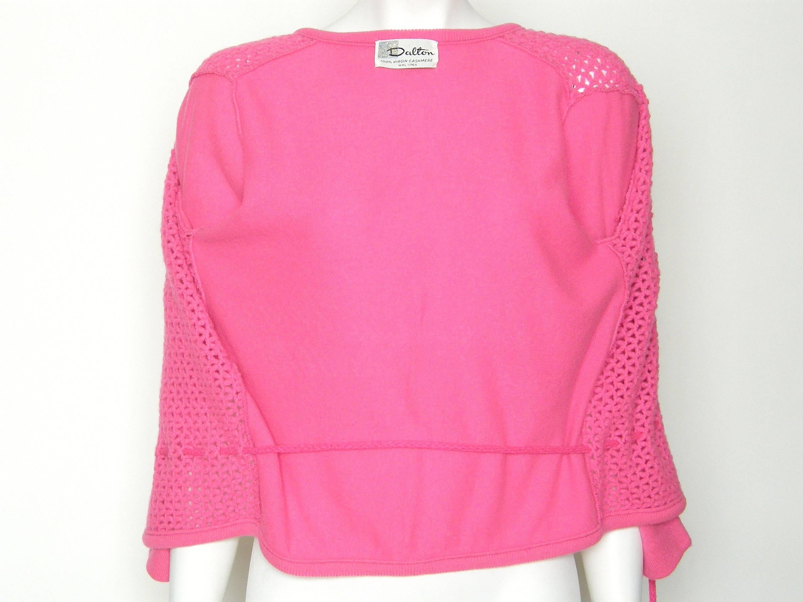 Dalton Shocking Pink Cashmere Cardigan Fishnet Sweater with Waist Tie For Sale 1