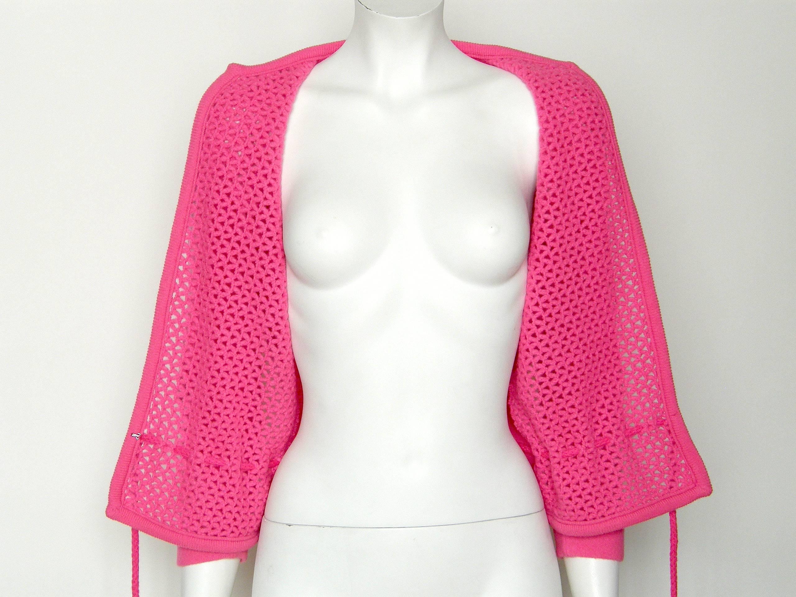 Women's Dalton Shocking Pink Cashmere Cardigan Fishnet Sweater with Waist Tie For Sale