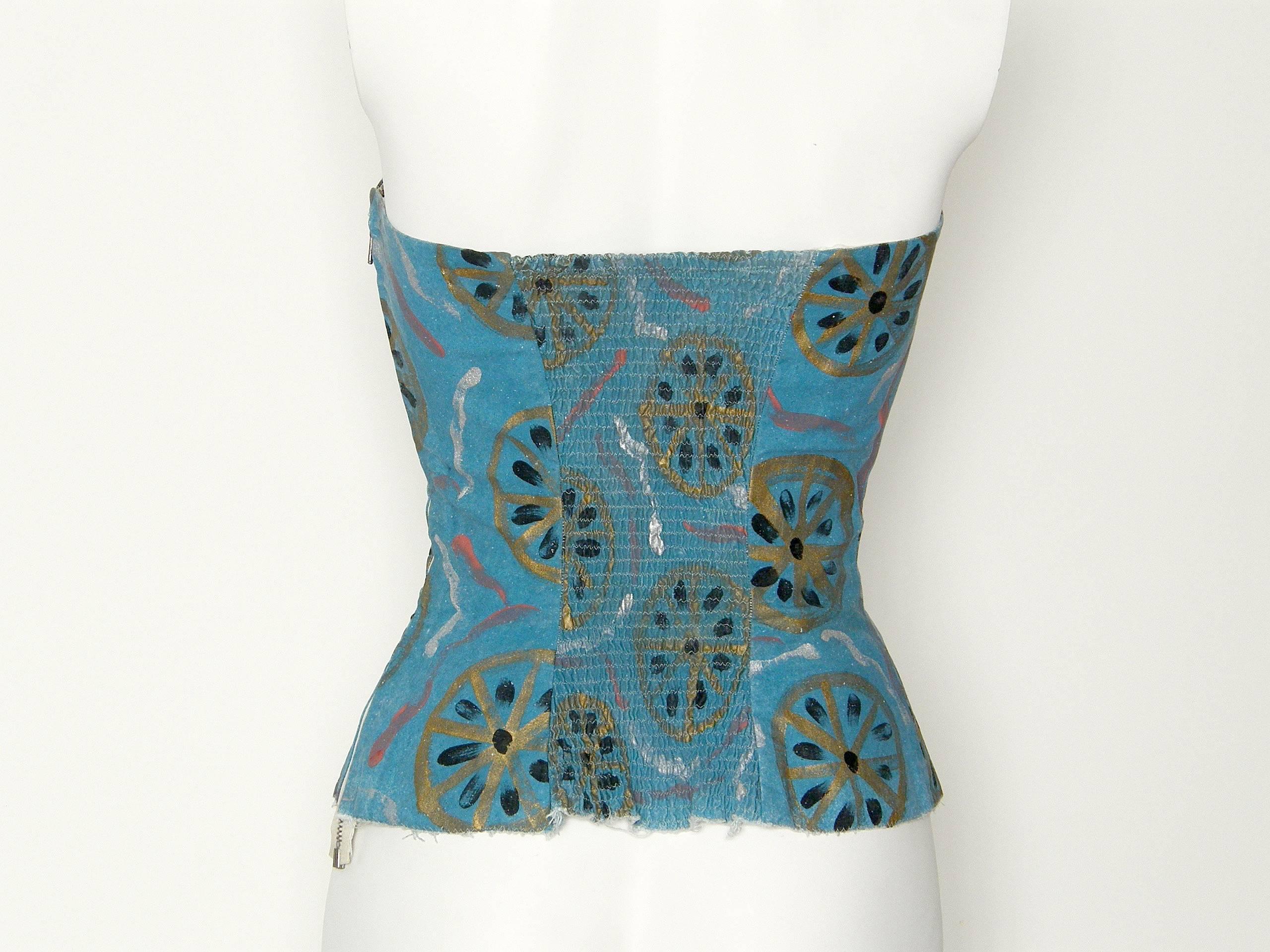 Blue Early Emilio Pucci Strapless Bustier Sun Top Hand Painted Cotton