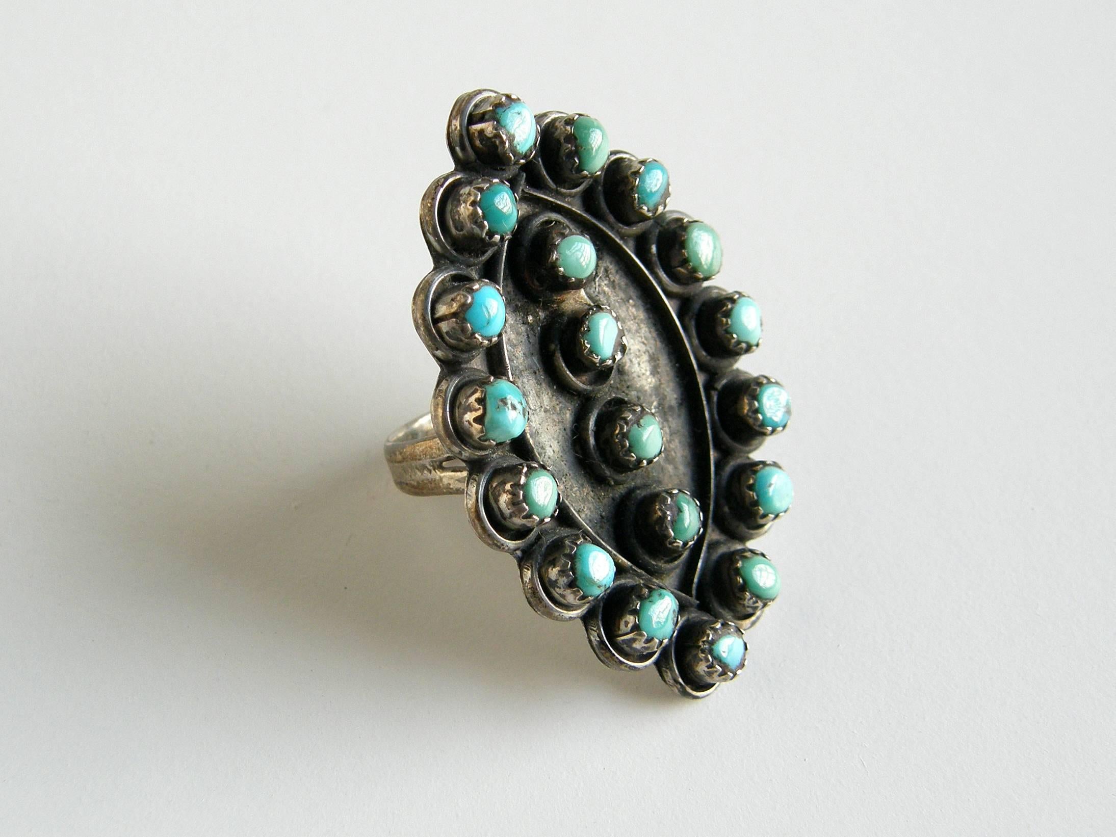 Women's or Men's Native American Sterling Silver and Turquoise Petit Point Ring For Sale