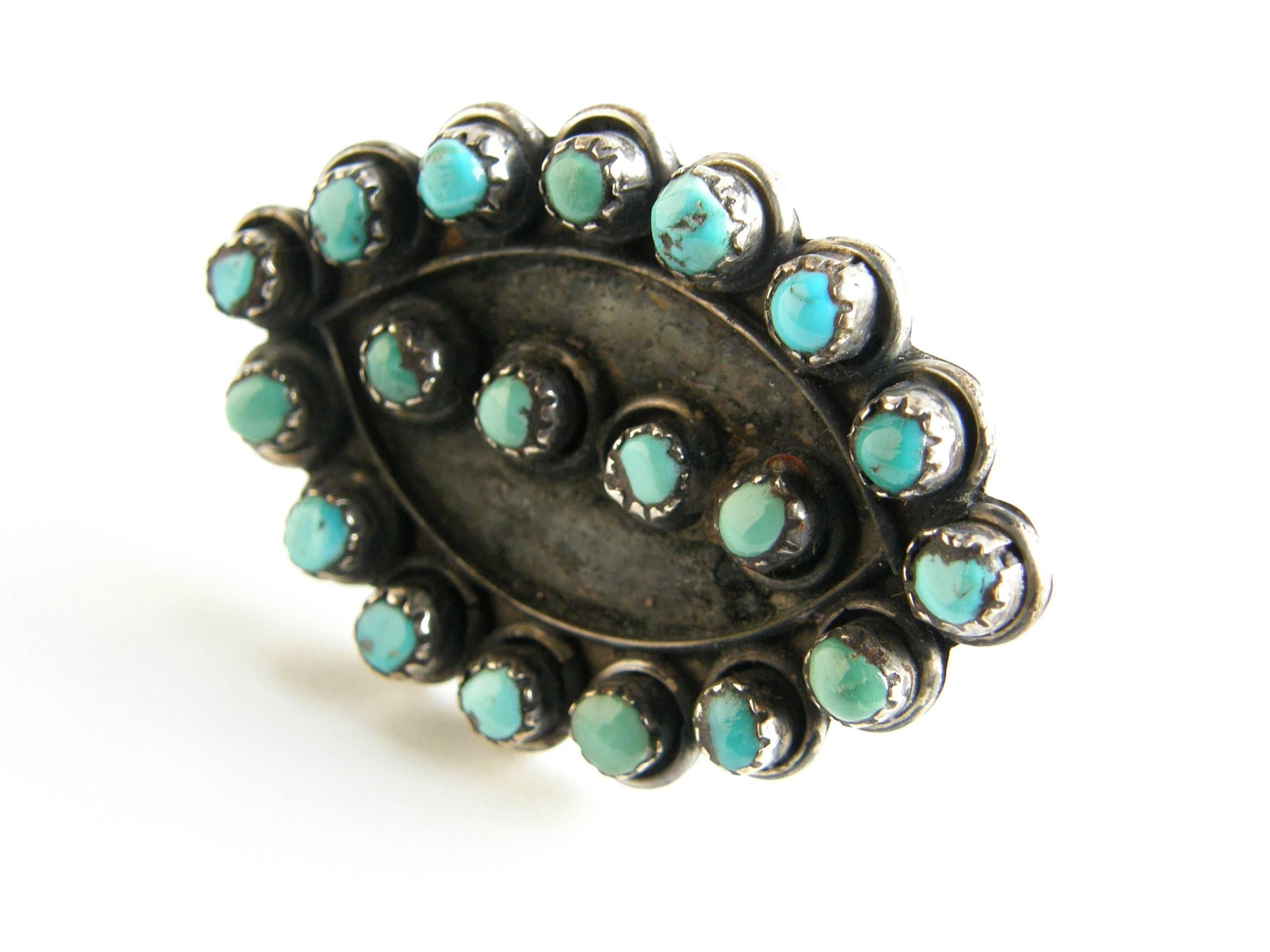 Native American Sterling Silver and Turquoise Petit Point Ring For Sale 1
