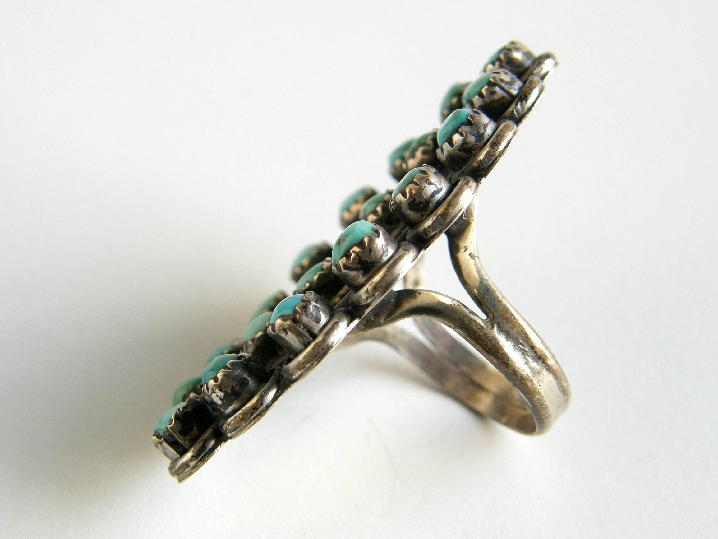 Native American Sterling Silver and Turquoise Petit Point Ring For Sale 2