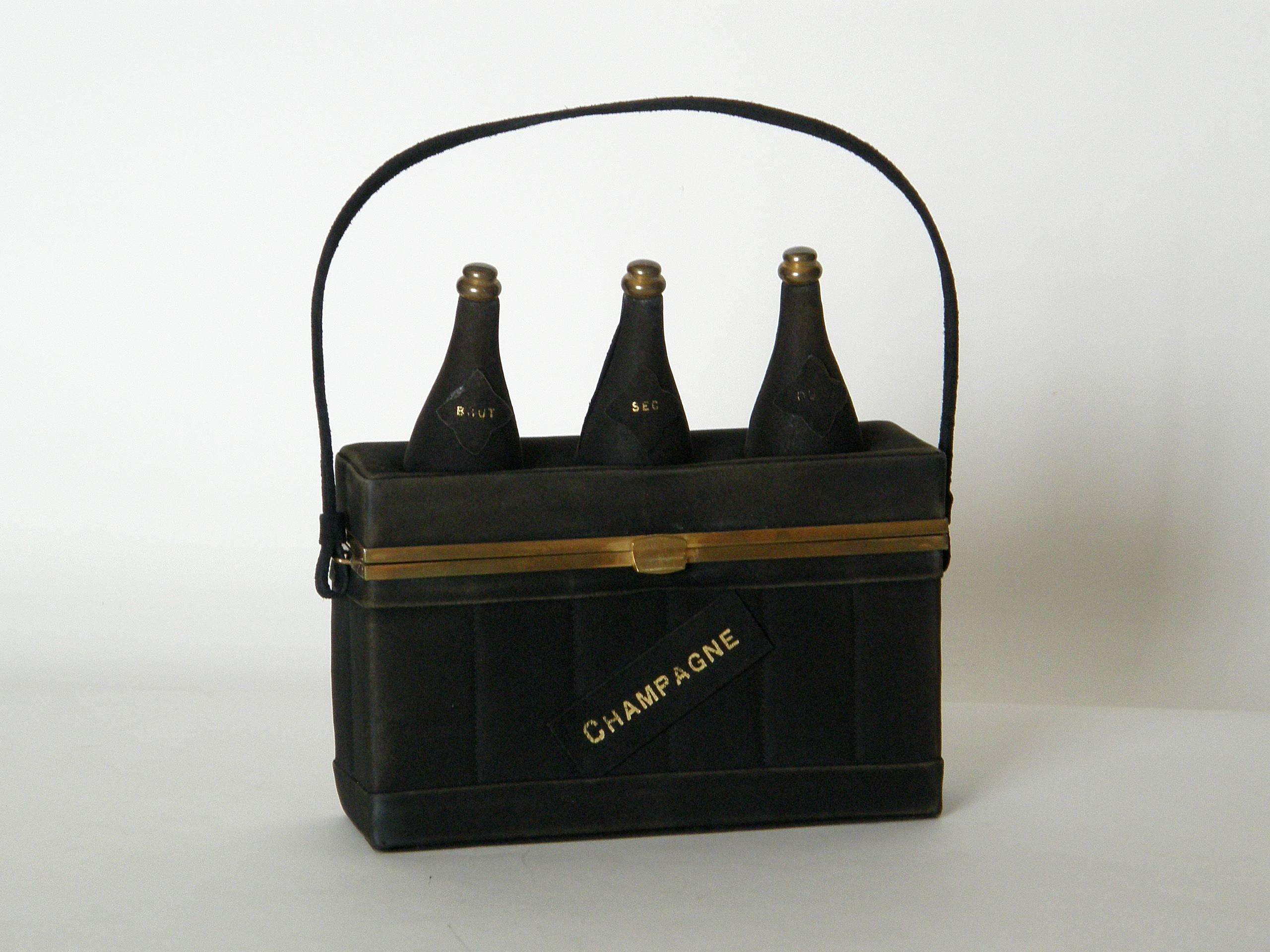 Black Suede Handbag Shaped Like a Crate of Champagne Bottles 3