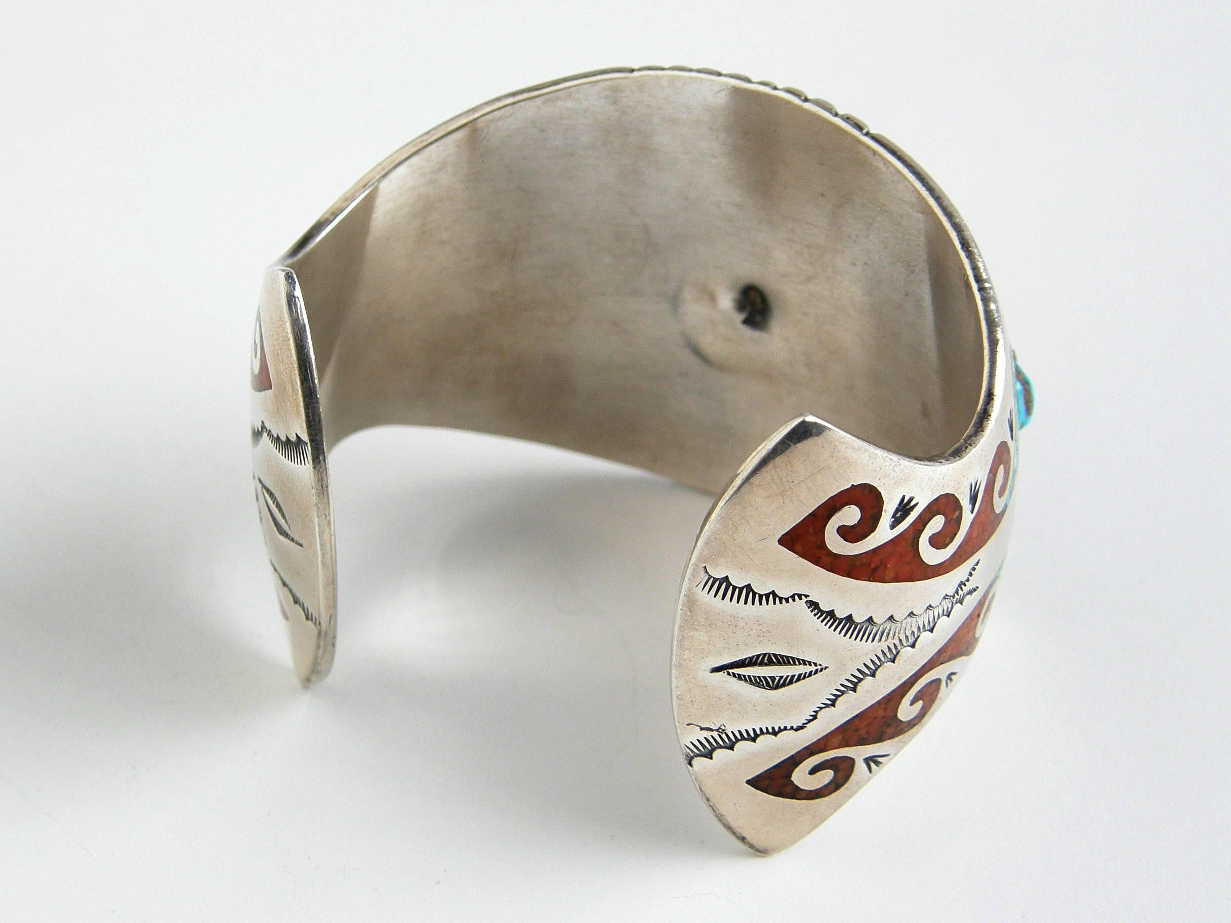 Native American Charlie Singer Sterling Cuff Bracelet with Turquoise and Coral Chip Inlay