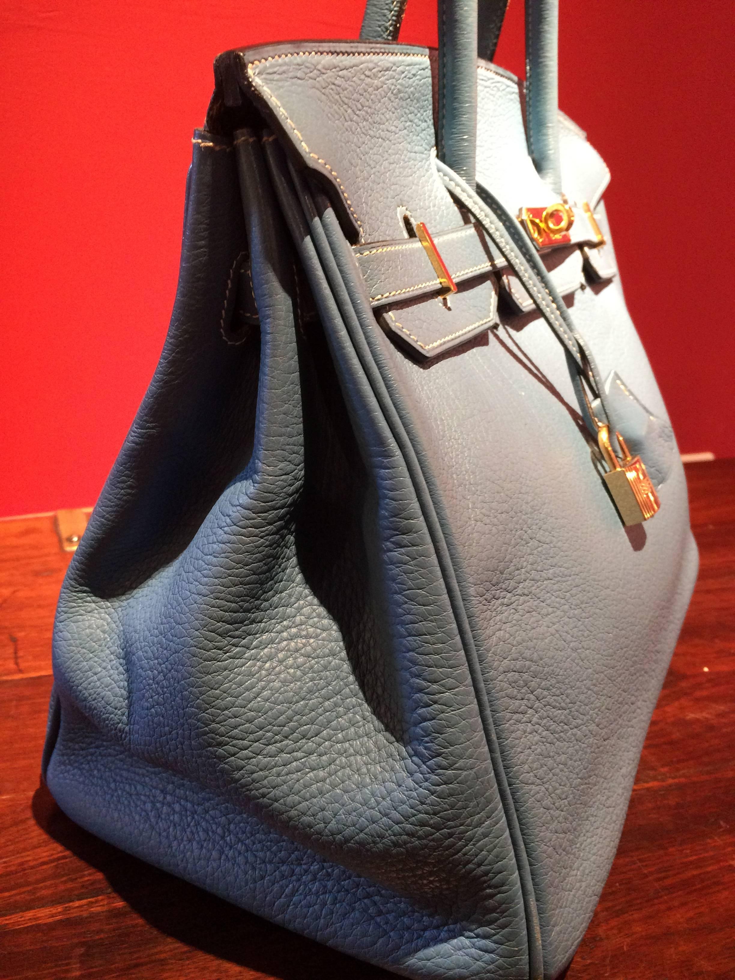 Rare Blue leather Fjord Hermes Birkin 30" bag. 
Comes with lock and key.
White detail stitching.
Comes with original dust bag, orange box and orange bag.

