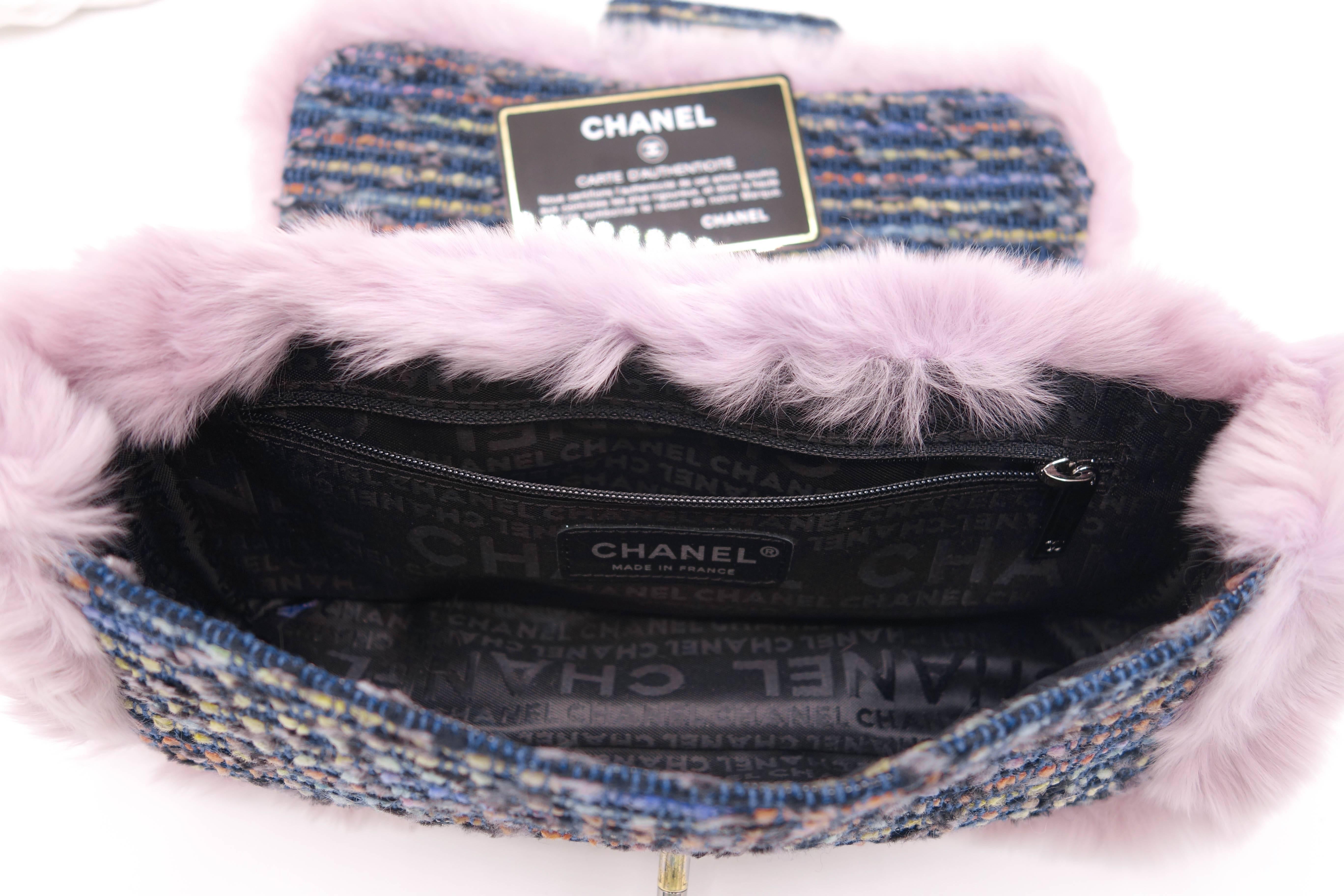 Chanel Tweed Fur Purple Single Flap In New Condition In Long Island City, NY