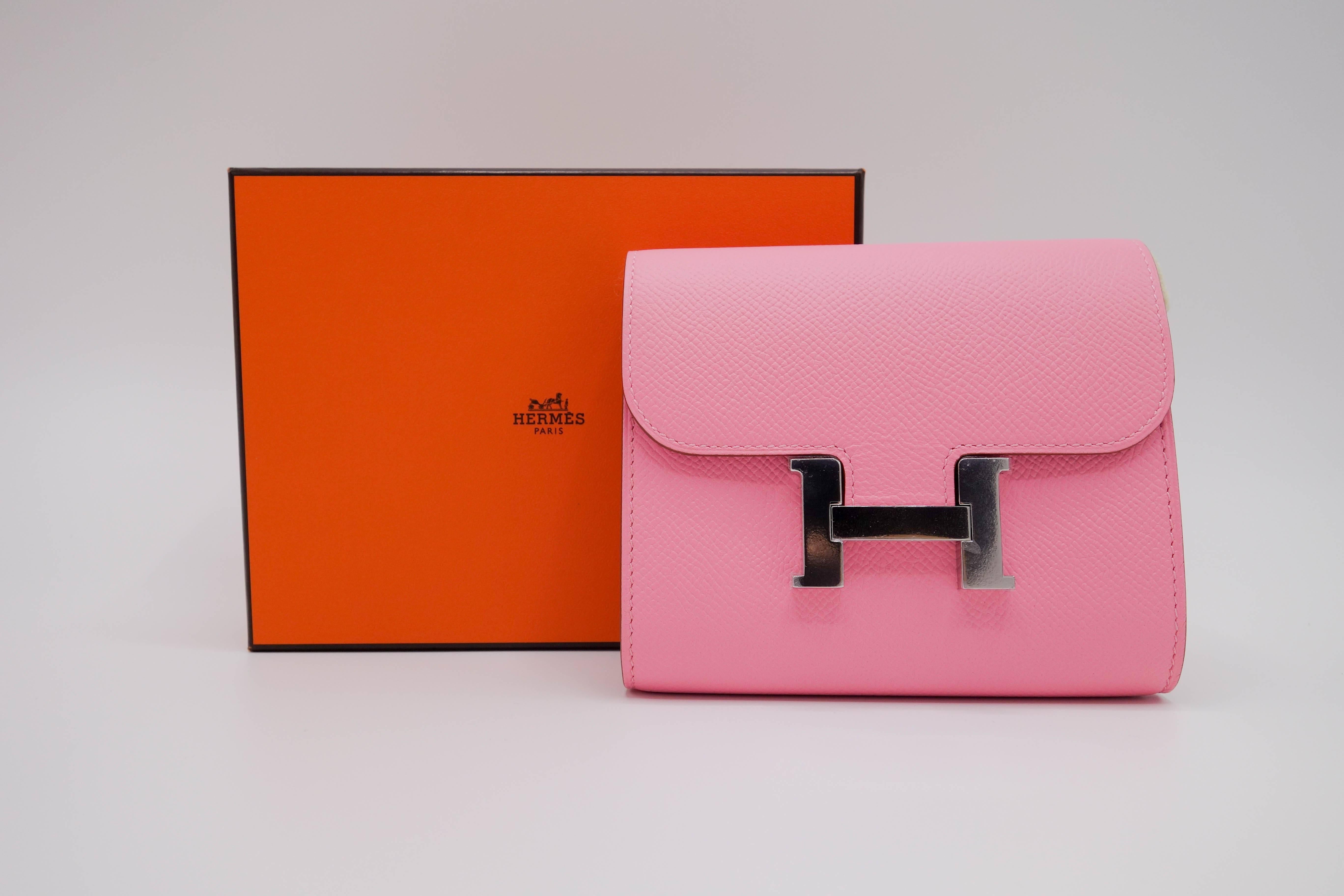 Hermes Constance Compact Wallet Rose Confetti Epsom Palladium In New Condition For Sale In Long Island City, NY