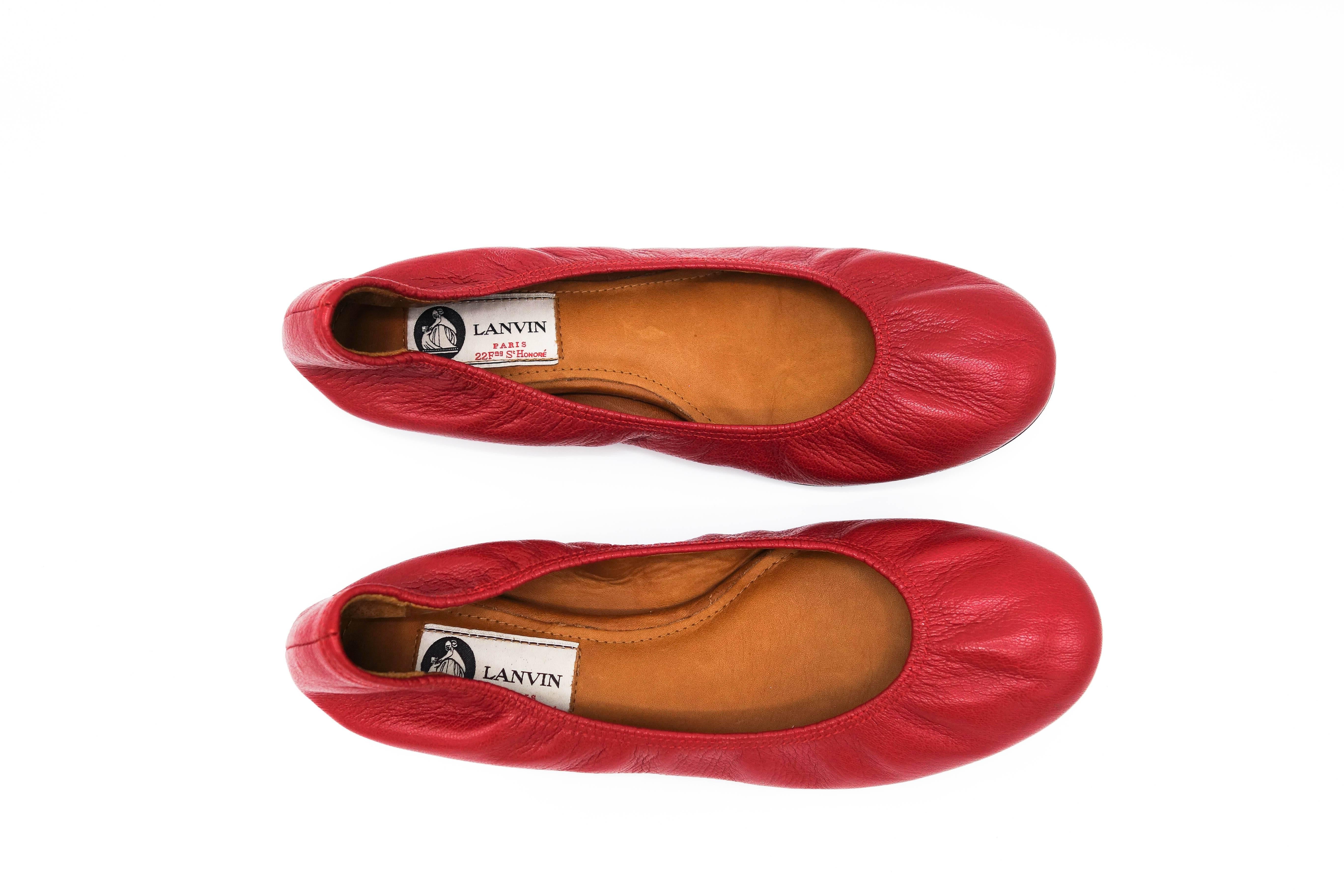 Lanvin Rouge Red Leather Ballet Flats 37.5 In New Condition In Long Island City, NY