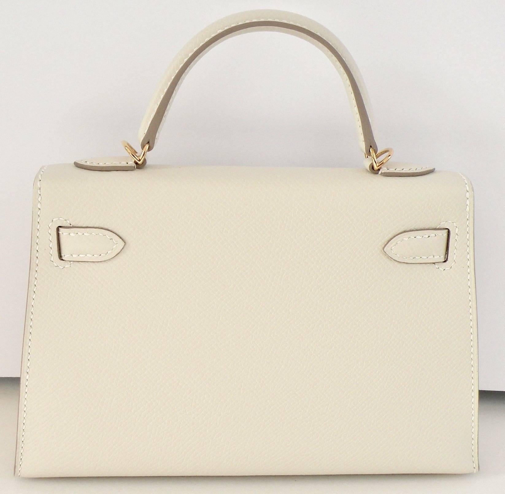 Hermes Mini Kelly Bag 
Size: 20cm
Color: Craie
Leather: Epsom
Hardware: Gold

Hermes Kelly Bag done in 20cm, a new size and shape just introduced from Hermes.  It quickly sold out to their VIP clients!
Very Rare, especially in Craie Epsom with