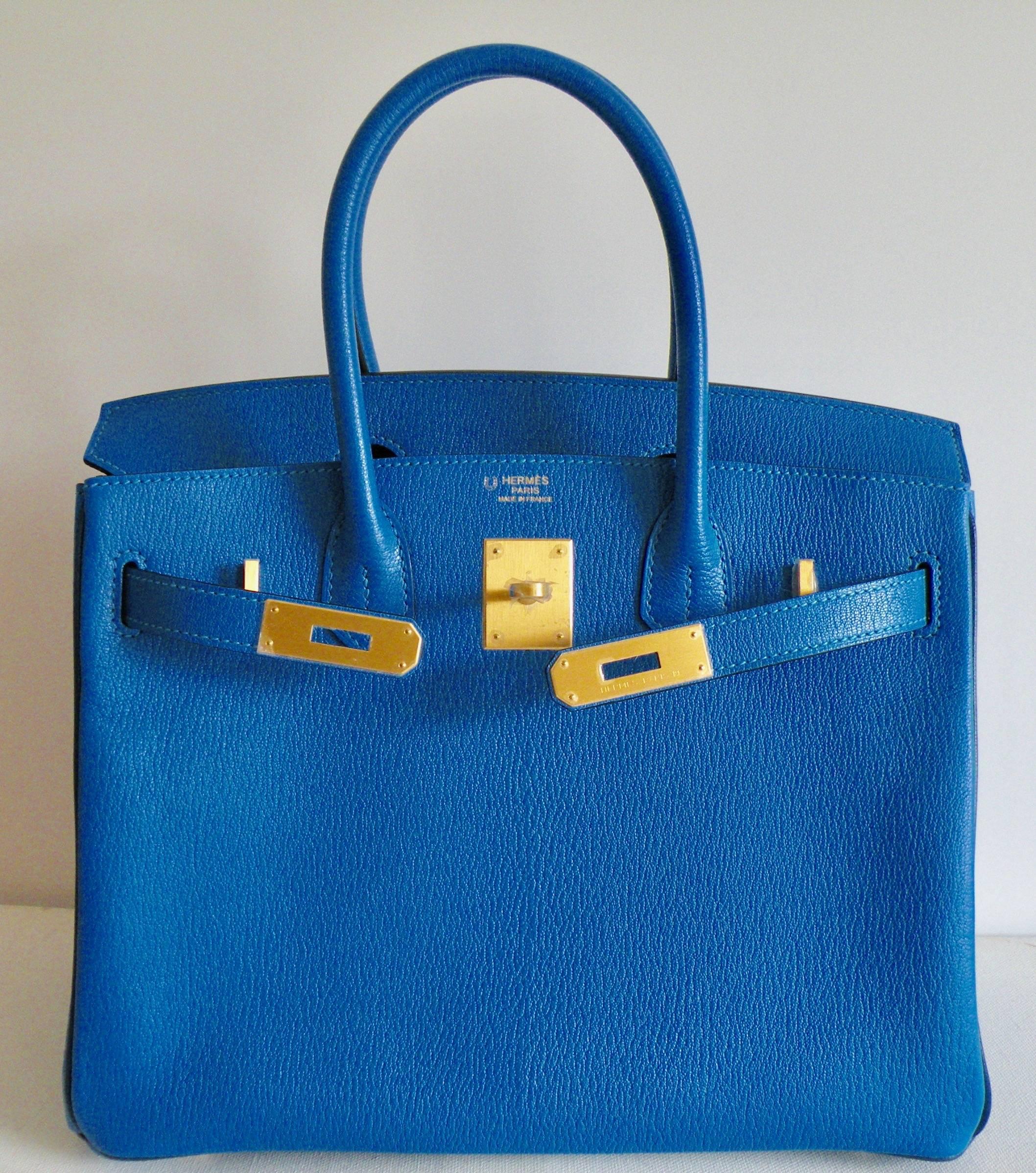 Hermès
30cm Birkin Bag
Special Order for VIP Client
Color: Blue Hydra and Blue Saphire
Very Rare Chevre!
This special order bag, was ordered in Chevre! Very rare to find , and most desired leather for its beauty and durability.

The outside of the
