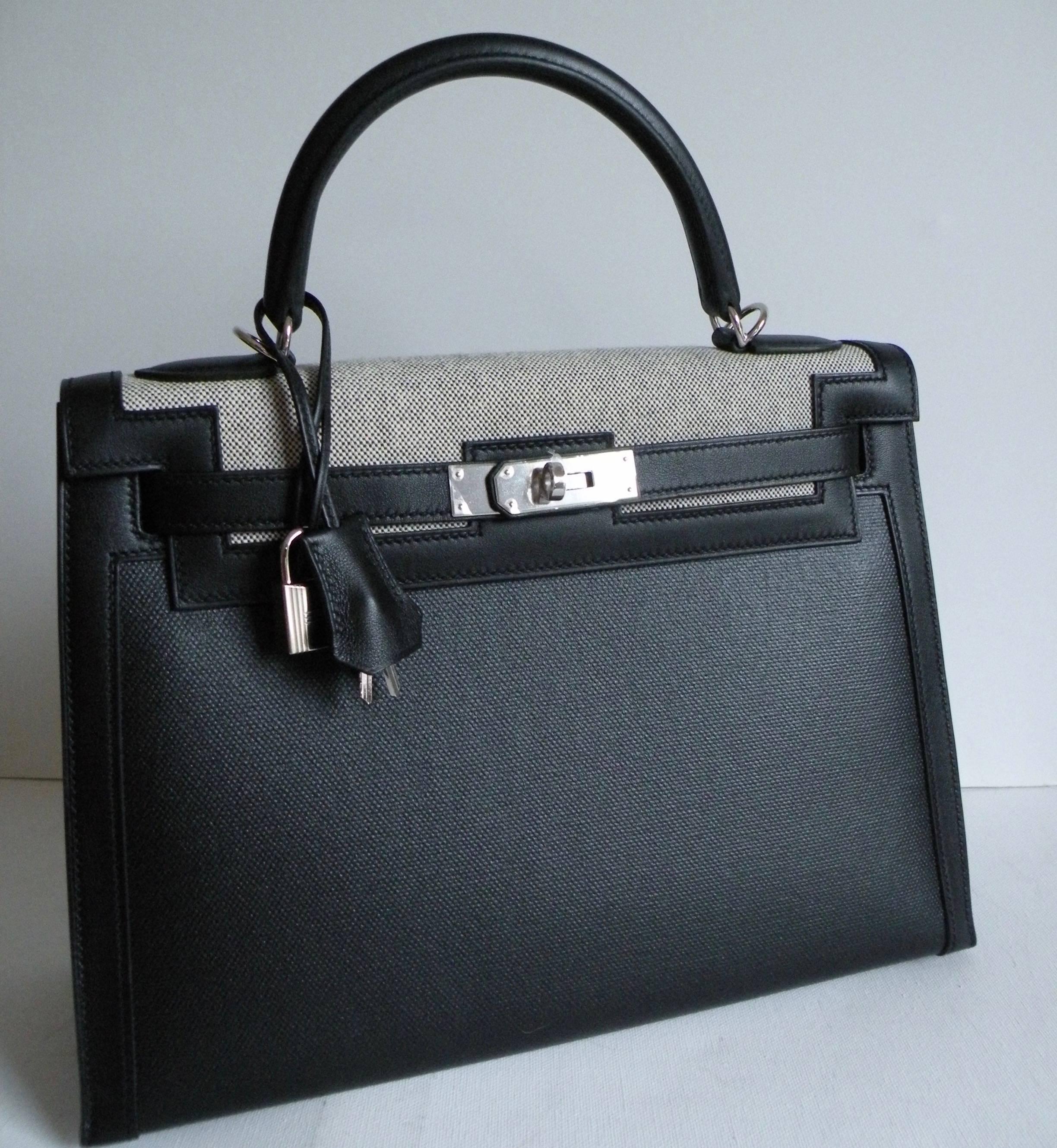 Hermes Kelly Sellier Bag 32CM Limited Edition Black Criss Etoile Toile w  Pocket 2