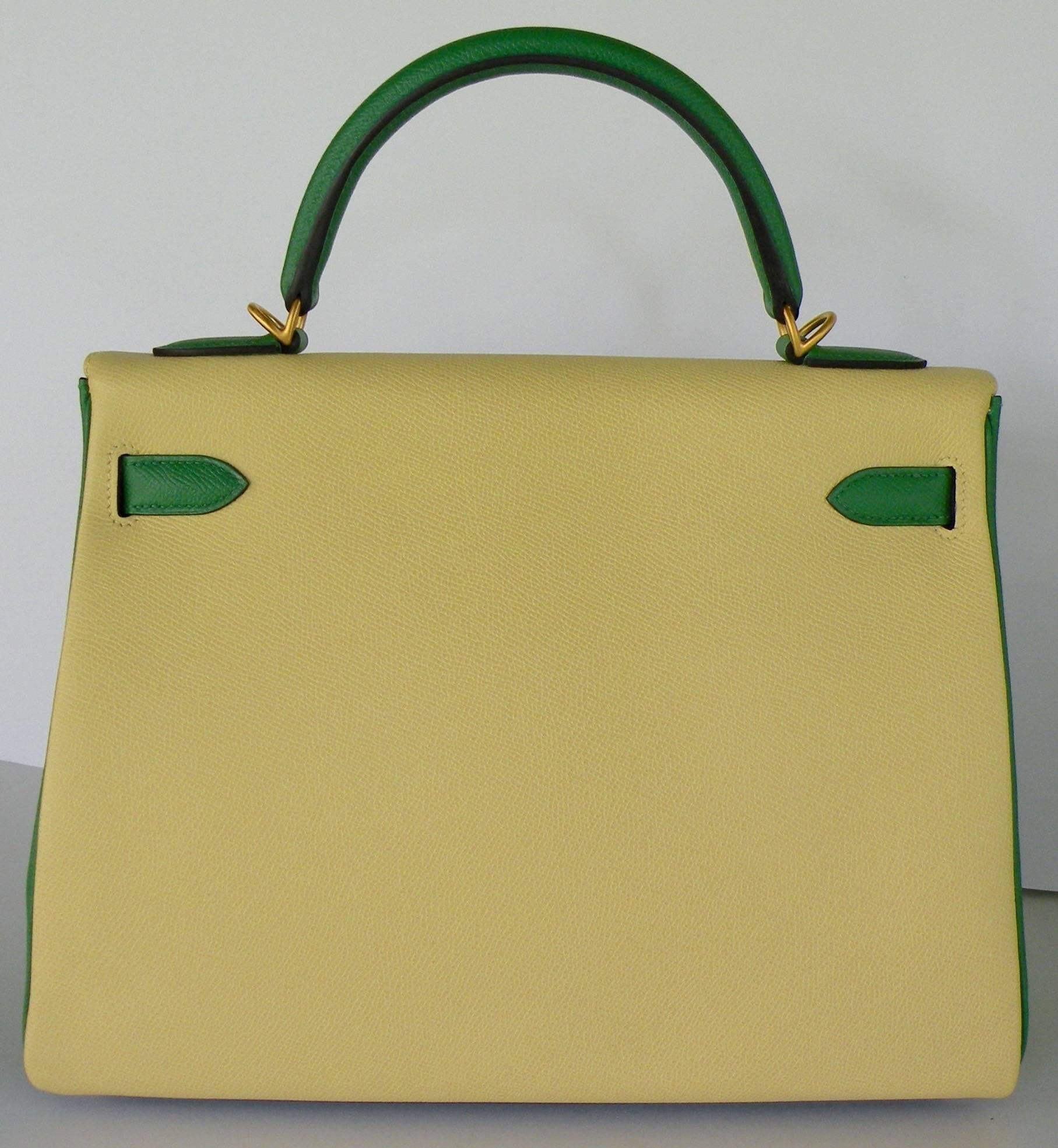 Hermes Kelly 32 cm 

Special Order for VIP client

Tri color
One of a Kind

Blue electric, Bamboo, and Jaune Poussin Epsom Leather

Brush Gold Hardware

Heads will turn

One of a Kind

Amazing combination

You dont find Tri colors anymore

This is a