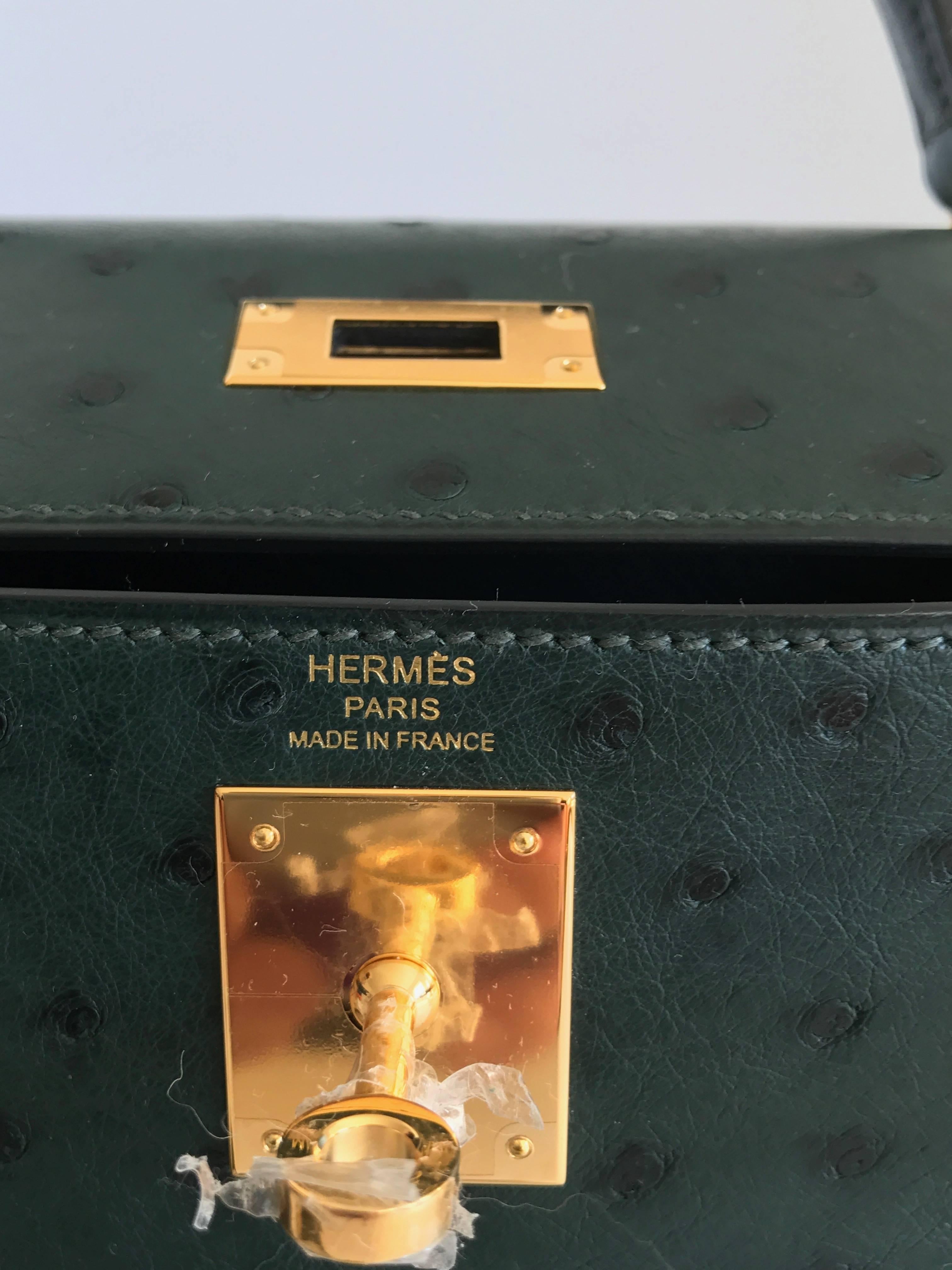 Hermes Kelly Sellier Ostrich Bag 28 Vert Titan Gold Hardware New 5