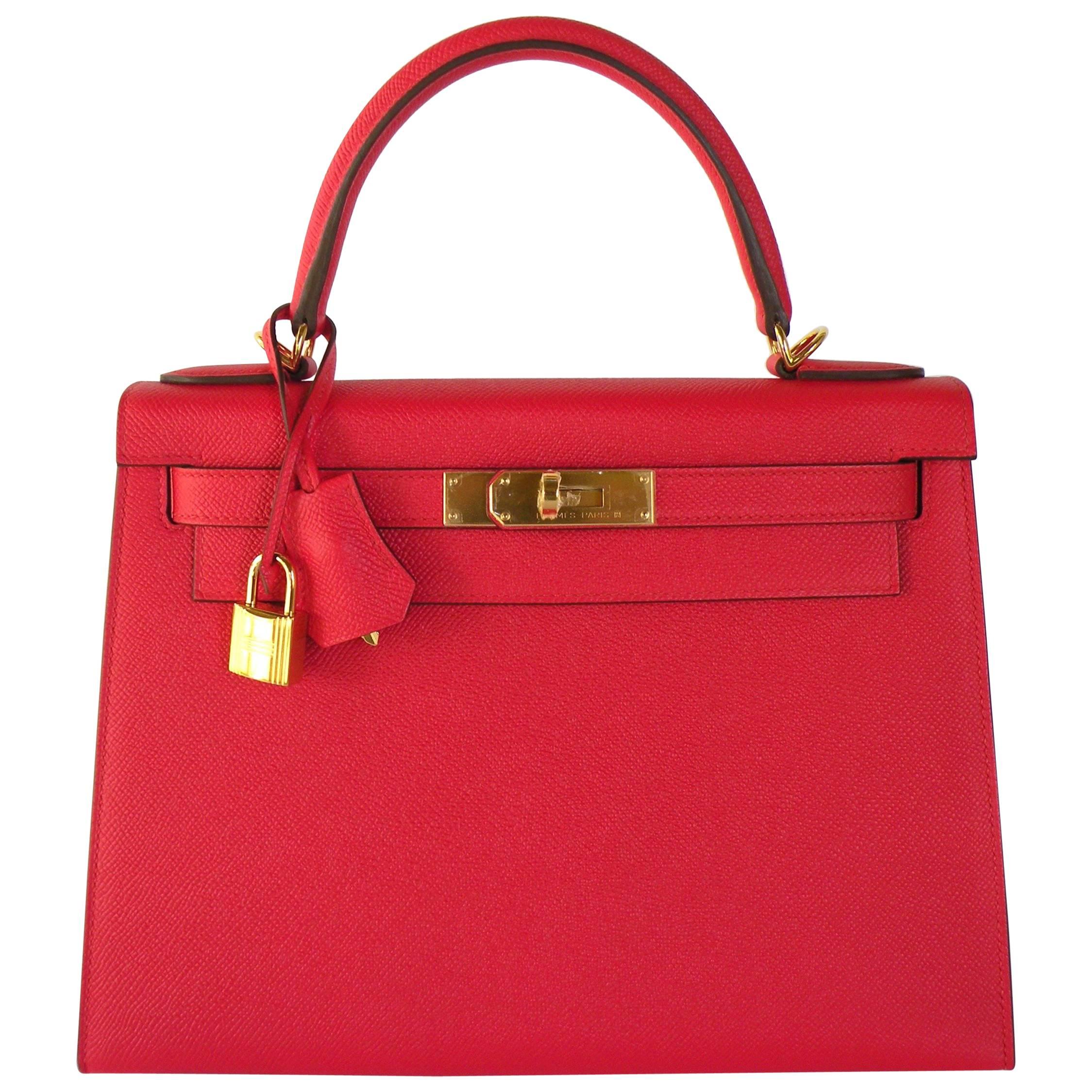 Hermes Kelly 28cm Rouge Tomate Epsom Sellier Kelly 28cm Gold Hardware For Sale