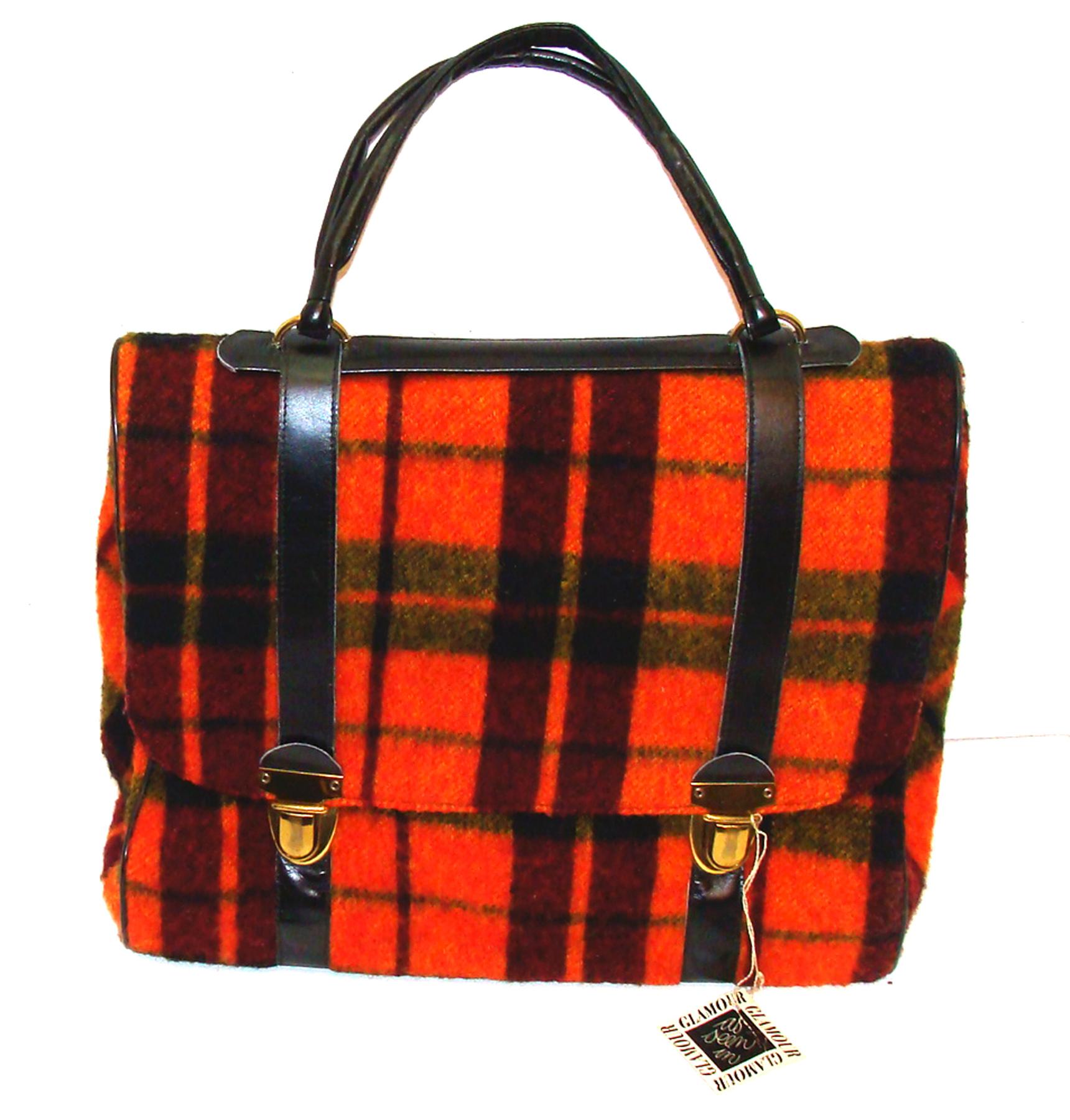 Stunning Oversized Orange Plaid Purse Expanding Satchel w/Matching Clutch RARE  For Sale