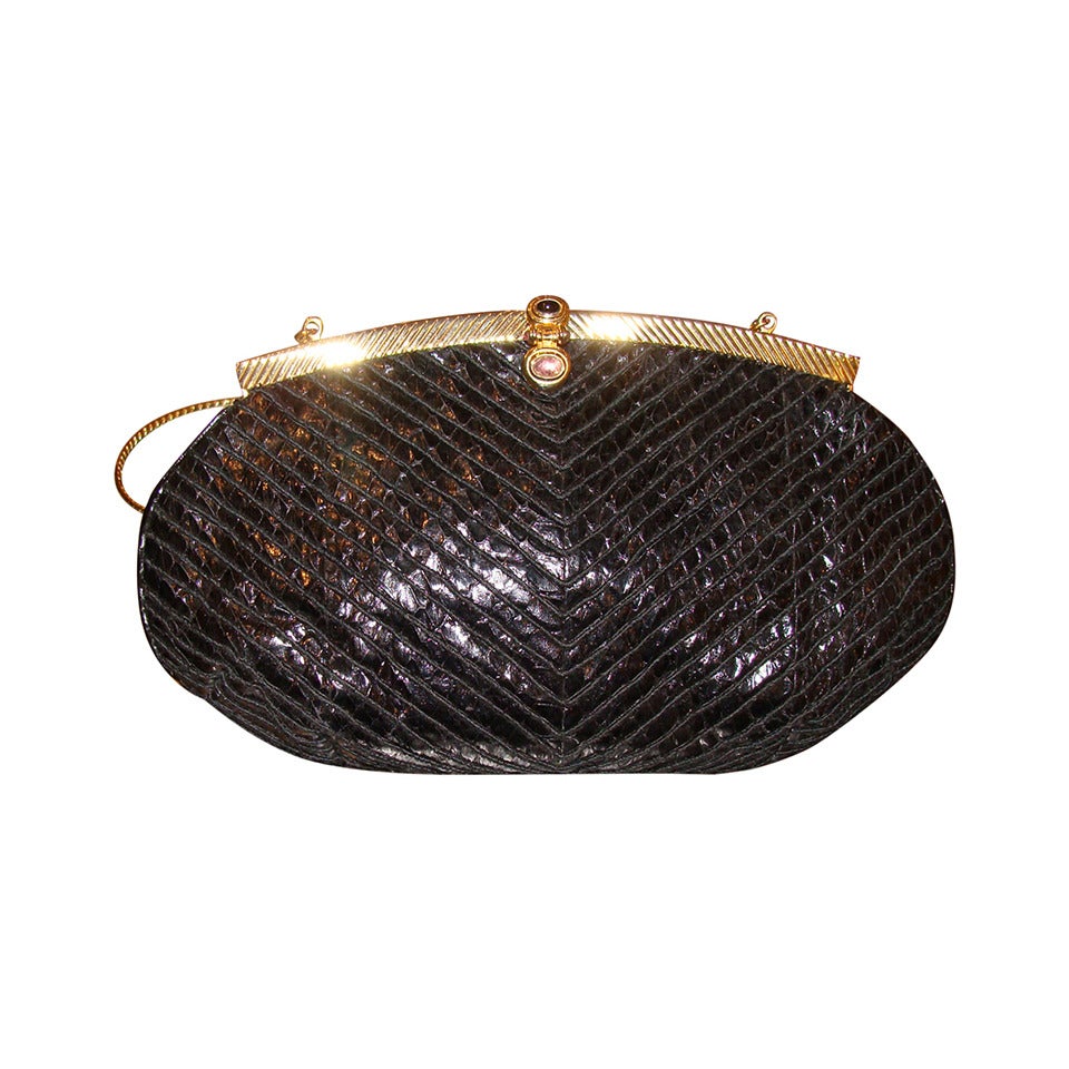 Leiber Black Python Evening Bag Jeweled Clasp & Retractable Chain Strap