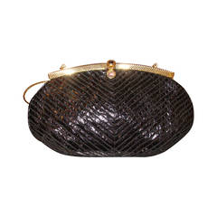 Retro Leiber Black Python Evening Bag Jeweled Clasp & Retractable Chain Strap