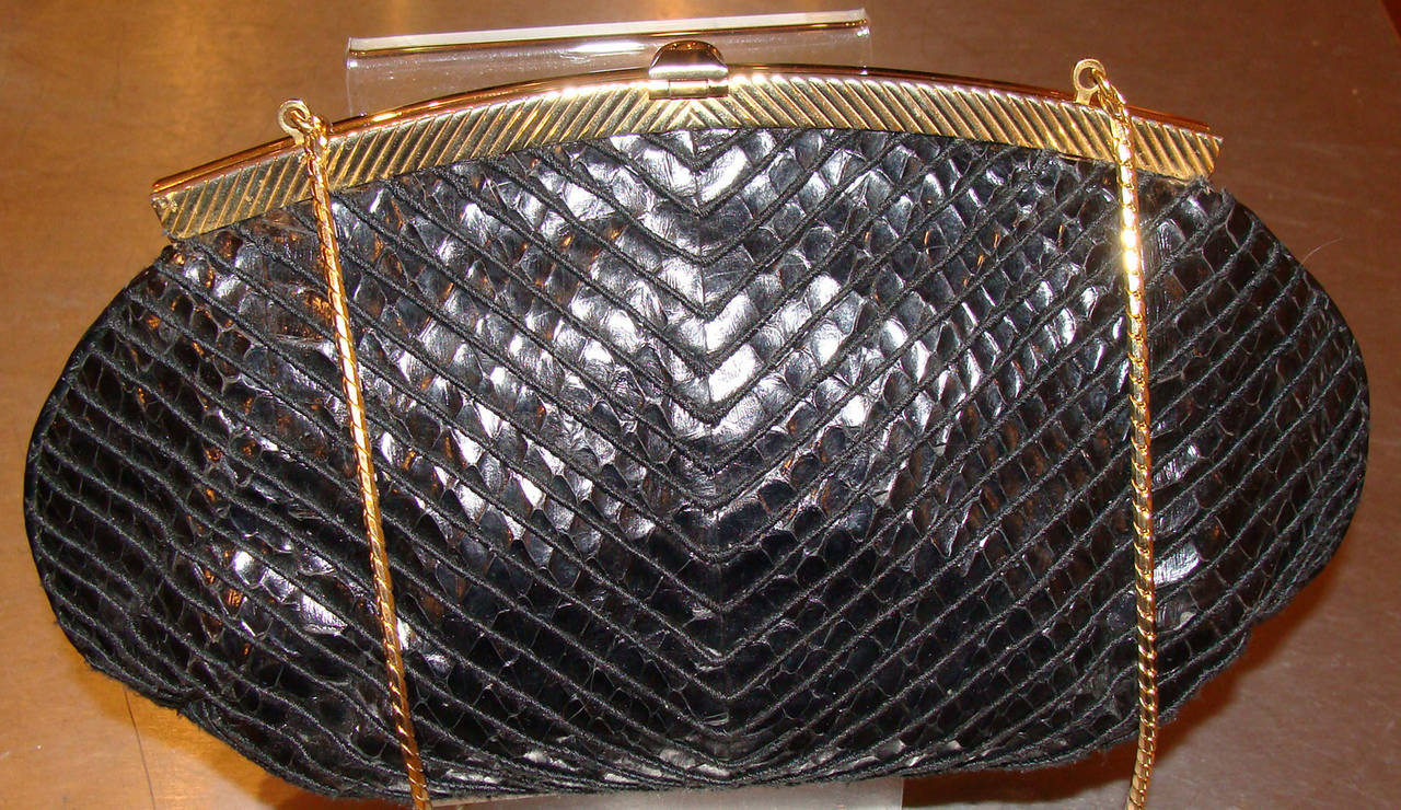 Leiber Black Python Evening Bag Jeweled Clasp & Retractable Chain Strap 1