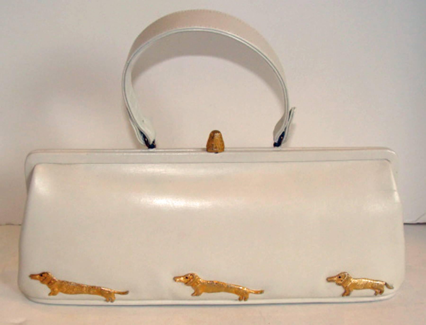 Go to the Dogs!  Rare Bag with Gold Metal Dachshund Mounts For Sale 2